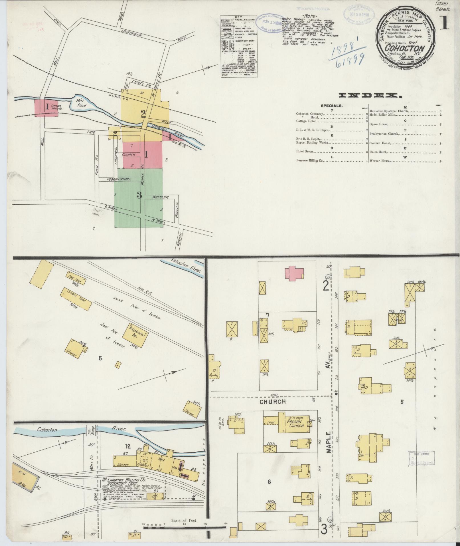 Sanborn Fire Insurance Map from Cohocton, Steuben County, New York (1898), Sheet #0001 - Historic Sanborn Fire Insurance Map Print, vintage old map wall art, antique decor, genealogy gift, New York New York map
