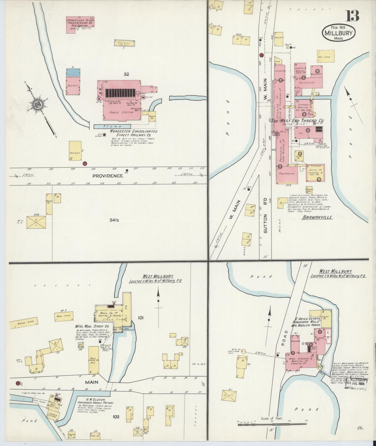 Sanborn Fire Insurance Map from Millbury, Worcester County, Massachusetts (1913), Sheet #0013 - Historic Sanborn Fire Insurance Map Print, vintage old map wall art, antique decor, genealogy gift, Massachusetts Massachusetts map