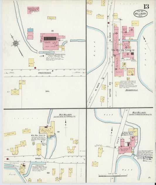 Sanborn Fire Insurance Map from Millbury, Worcester County, Massachusetts (1913), Sheet #0013 - Historic Sanborn Fire Insurance Map Print, vintage old map wall art, antique decor, genealogy gift, Massachusetts Massachusetts map