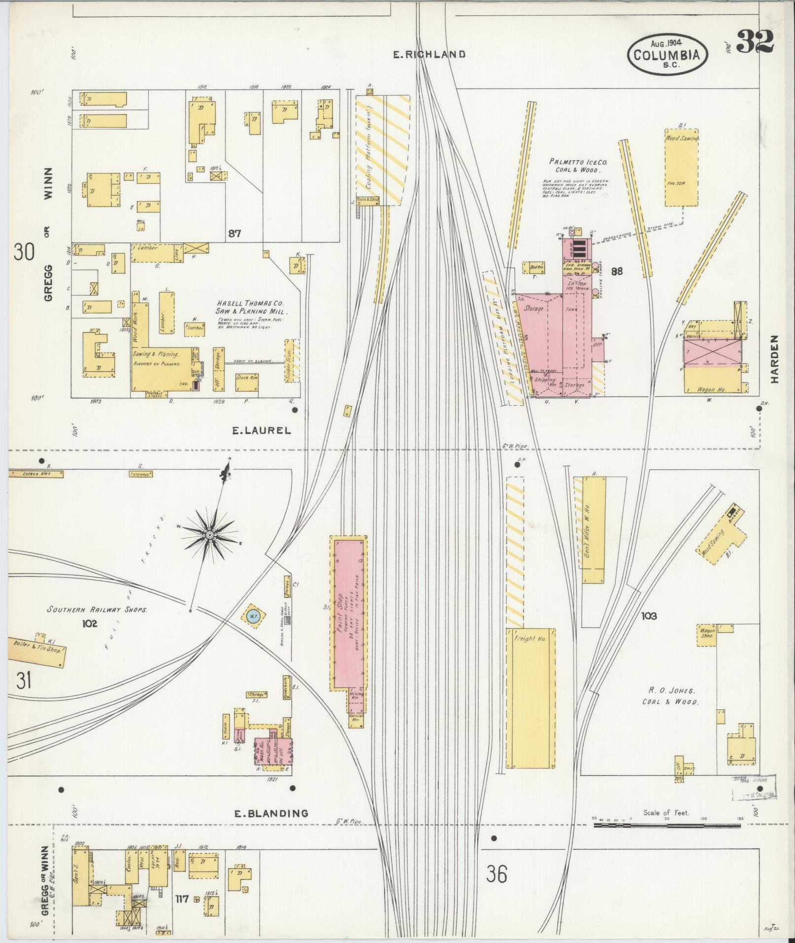 Sanborn Fire Insurance Map from Columbia, Richland County, South Carolina (1904), Sheet #0032 - Complete Map Set gallery image, historic Sanborn map, vintage wall art, South Carolina South Carolina