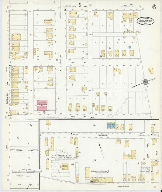 Sanborn Fire Insurance Map from Brunswick, Frederick County, Maryland (1910), Sheet #0006 - Historic Sanborn Fire Insurance Map Print, vintage old map wall art, antique decor, genealogy gift, Maryland Maryland map
