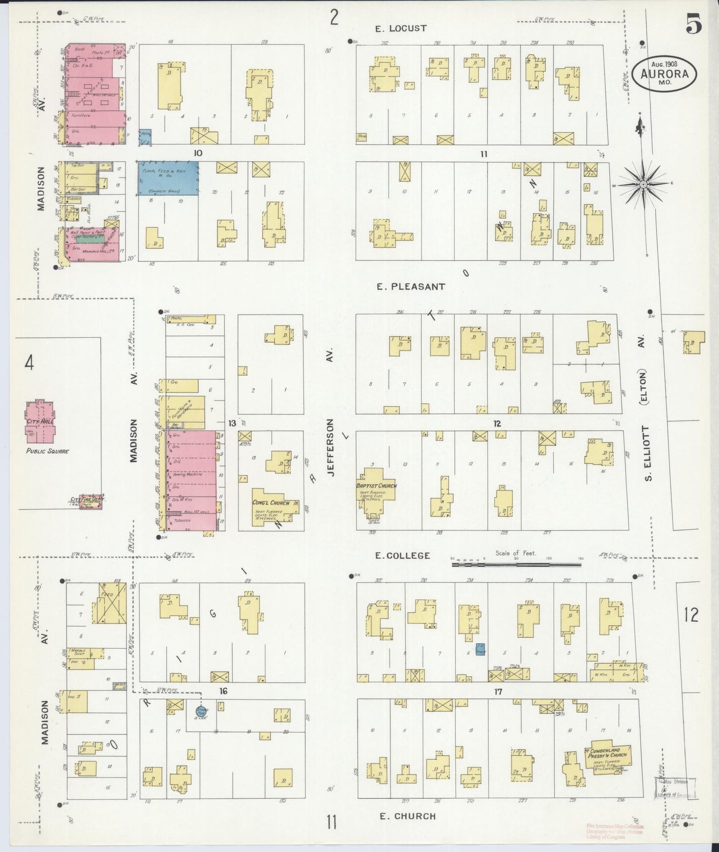 Sanborn Fire Insurance Map from Aurora, Lawrence County, Missouri (1908), Sheet #0005 - Historic Sanborn Fire Insurance Map Print, vintage old map wall art, antique decor, genealogy gift, Missouri Missouri map