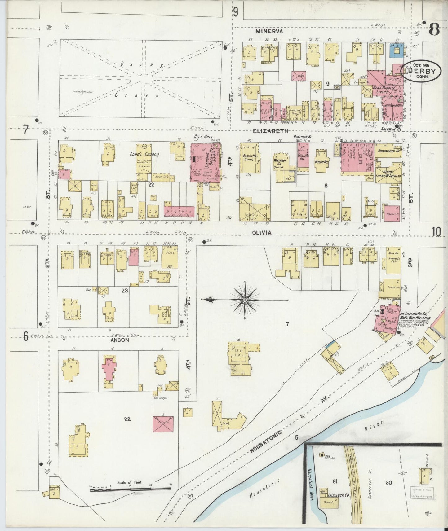 Sanborn Fire Insurance Map from Derby, New Haven County, Connecticut (1906), Sheet #0008 - Historic Sanborn Fire Insurance Map Print, vintage old map wall art, antique decor, genealogy gift, Connecticut Connecticut map