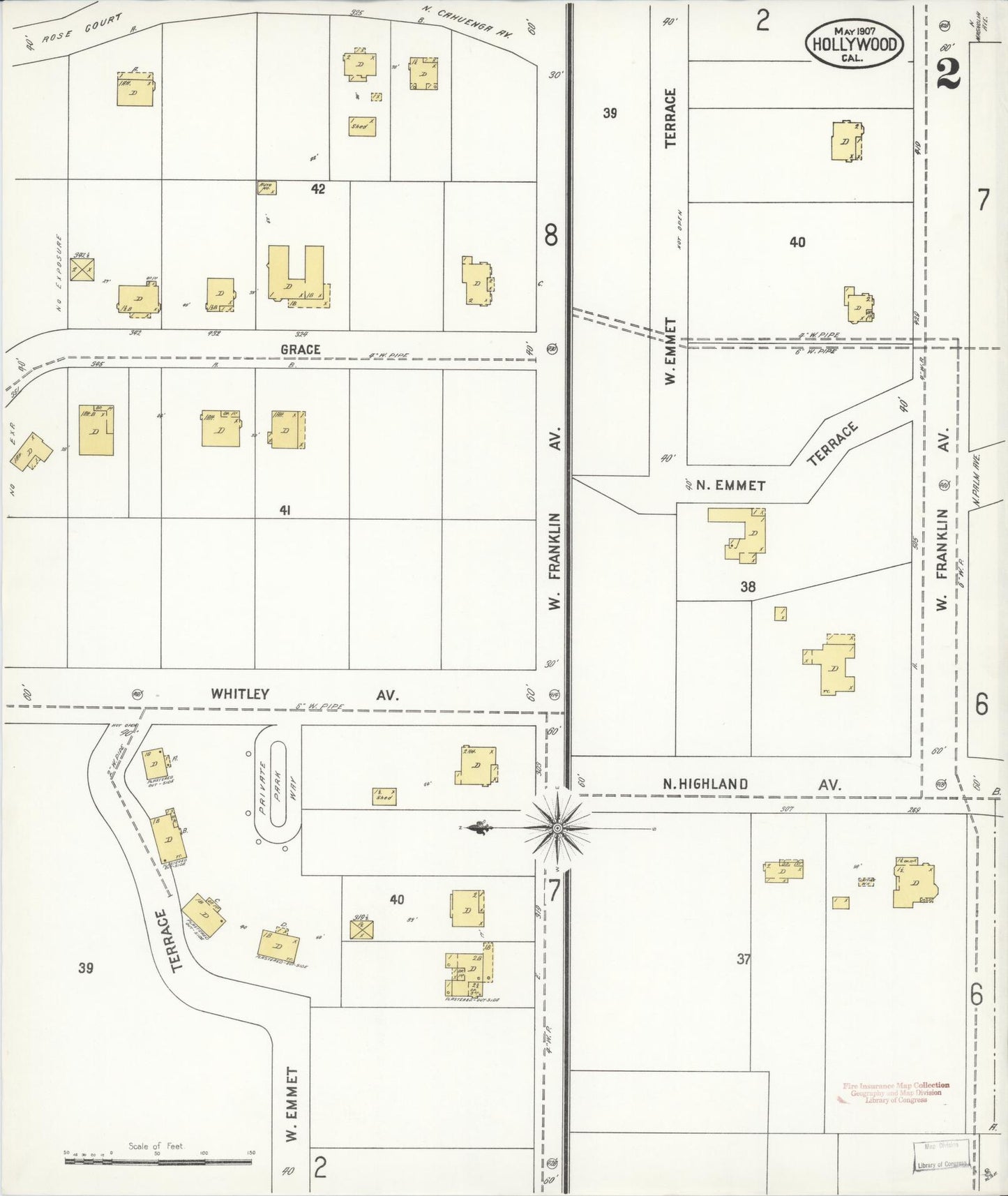 Sanborn Fire Insurance Map from Hollywood, Los Angeles County, California (1907), Sheet #0002 - Complete Map Set gallery image, historic Sanborn map, vintage wall art, California California
