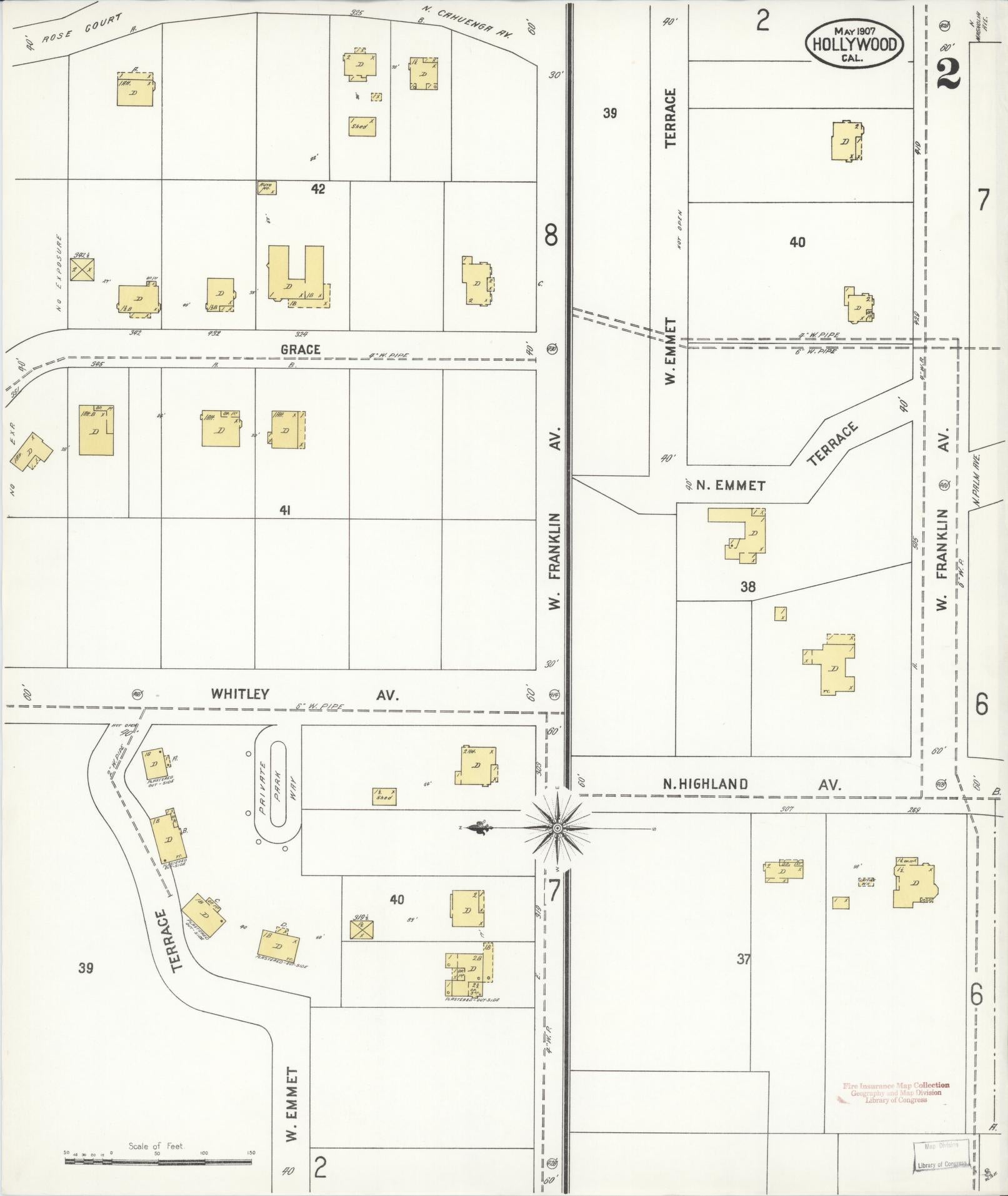 Sanborn Fire Insurance Map from Hollywood, Los Angeles County, California (1907), Sheet #0002 - Complete Map Set gallery image, historic Sanborn map, vintage wall art, California California