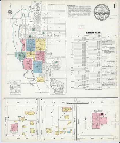 Sanborn Fire Insurance Map from Richland Center, Richland County, Wisconsin (1912), Sheet #0001 - Complete Map Set gallery image, historic Sanborn map, vintage wall art, Wisconsin Wisconsin
