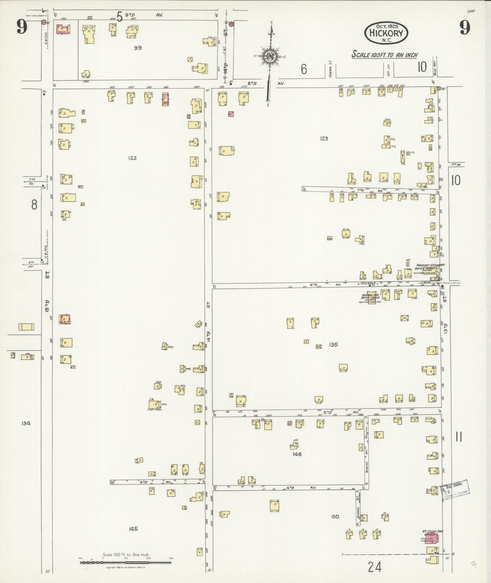 Sanborn Fire Insurance Map from Hickory, Catawba County, North Carolina (1925), Sheet #0009 - Historic Sanborn Fire Insurance Map Print, vintage old map wall art, antique decor, genealogy gift, North Carolina North Carolina map