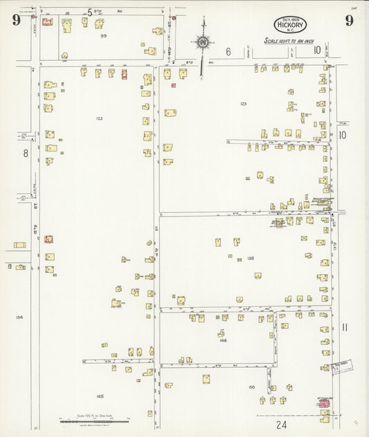 Sanborn Fire Insurance Map from Hickory, Catawba County, North Carolina (1925), Sheet #0009 - Historic Sanborn Fire Insurance Map Print, vintage old map wall art, antique decor, genealogy gift, North Carolina North Carolina map