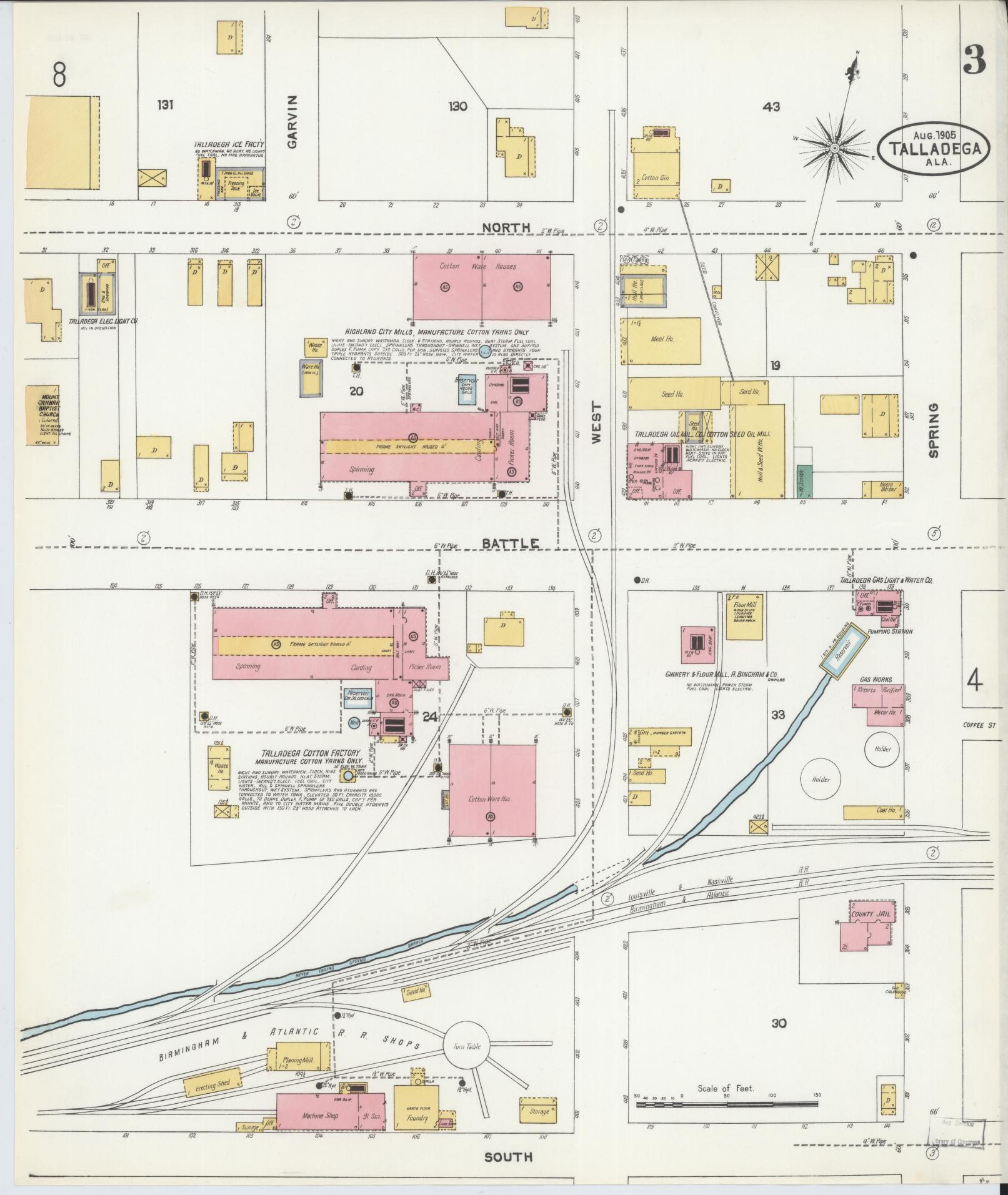 Sanborn Fire Insurance Map from Talladega, Talladega County, Alabama (1905), Sheet #0003 - Historic Sanborn Fire Insurance Map Print, vintage old map wall art, antique decor, genealogy gift, Alabama Alabama map