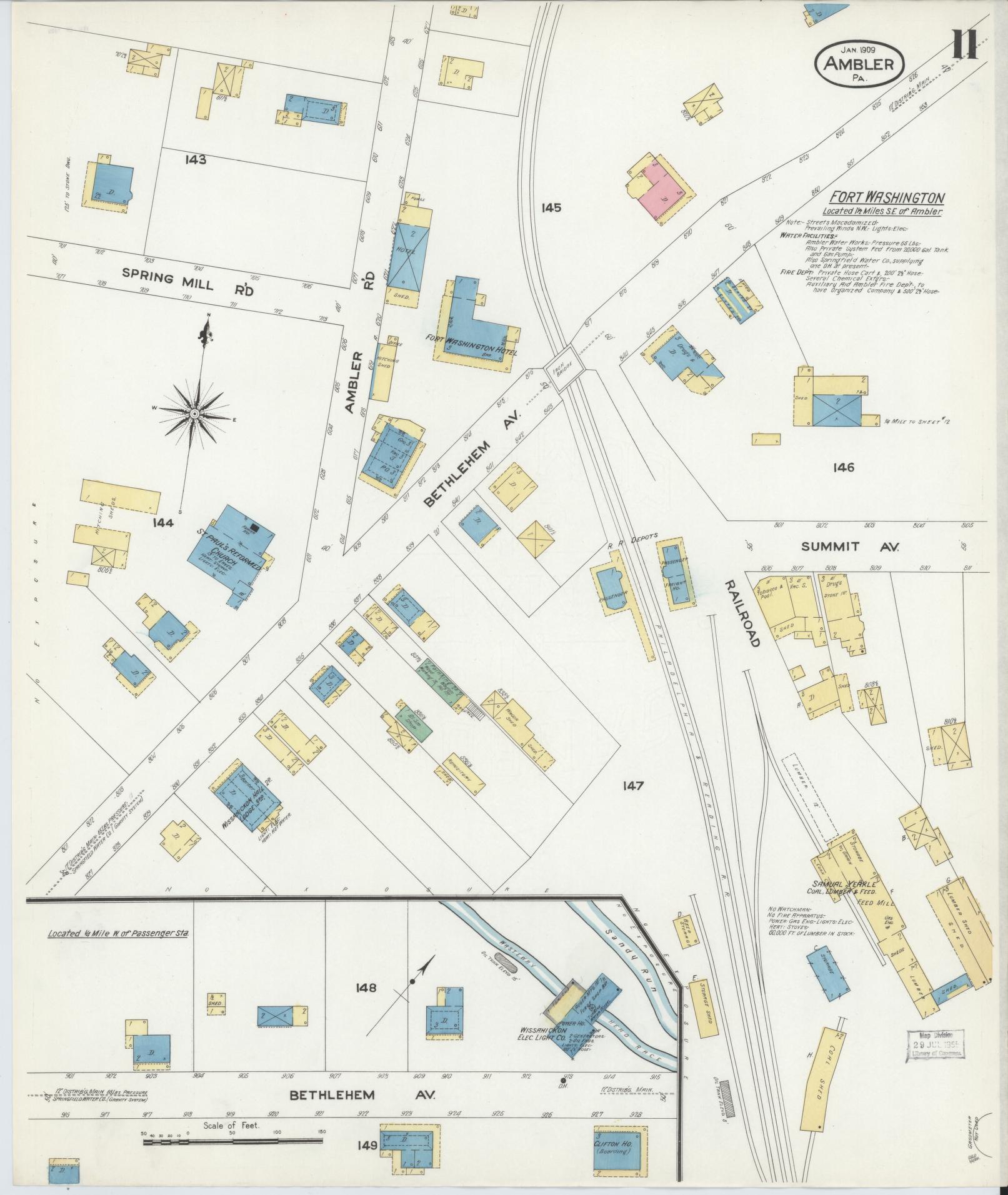 Sanborn Fire Insurance Map from Ambler, Montgomery County, Pennsylvania (1909), Sheet #0011 - Historic Sanborn Fire Insurance Map Print, vintage old map wall art, antique decor, genealogy gift, Pennsylvania Pennsylvania map