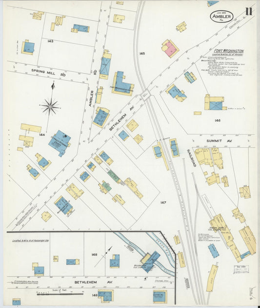 Sanborn Fire Insurance Map from Ambler, Montgomery County, Pennsylvania (1909), Sheet #0011 - Historic Sanborn Fire Insurance Map Print, vintage old map wall art, antique decor, genealogy gift, Pennsylvania Pennsylvania map