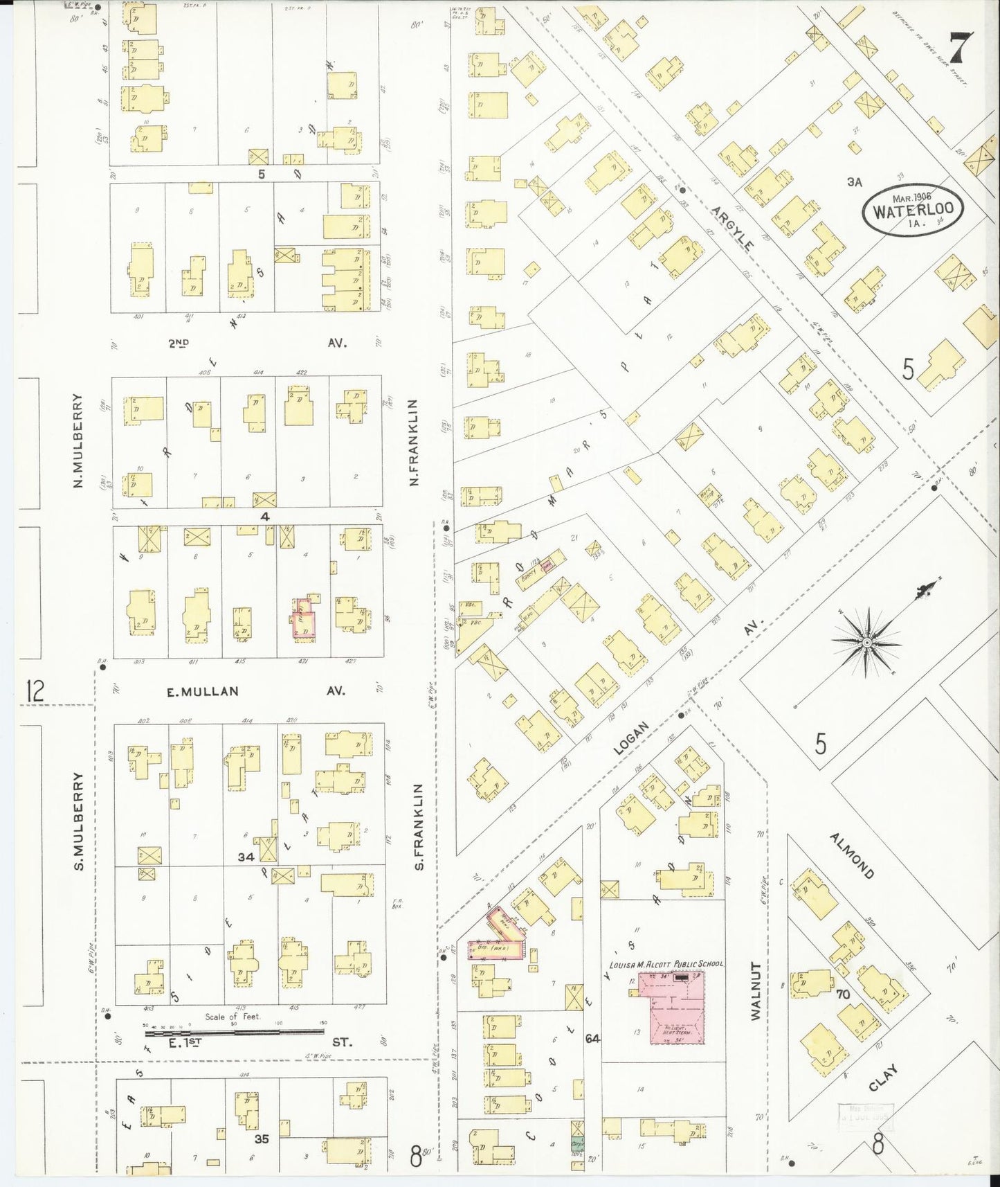 Sanborn Fire Insurance Map from Waterloo, Black Hawk County, Iowa (1906), Sheet #0007 - Historic Sanborn Fire Insurance Map Print, vintage old map wall art