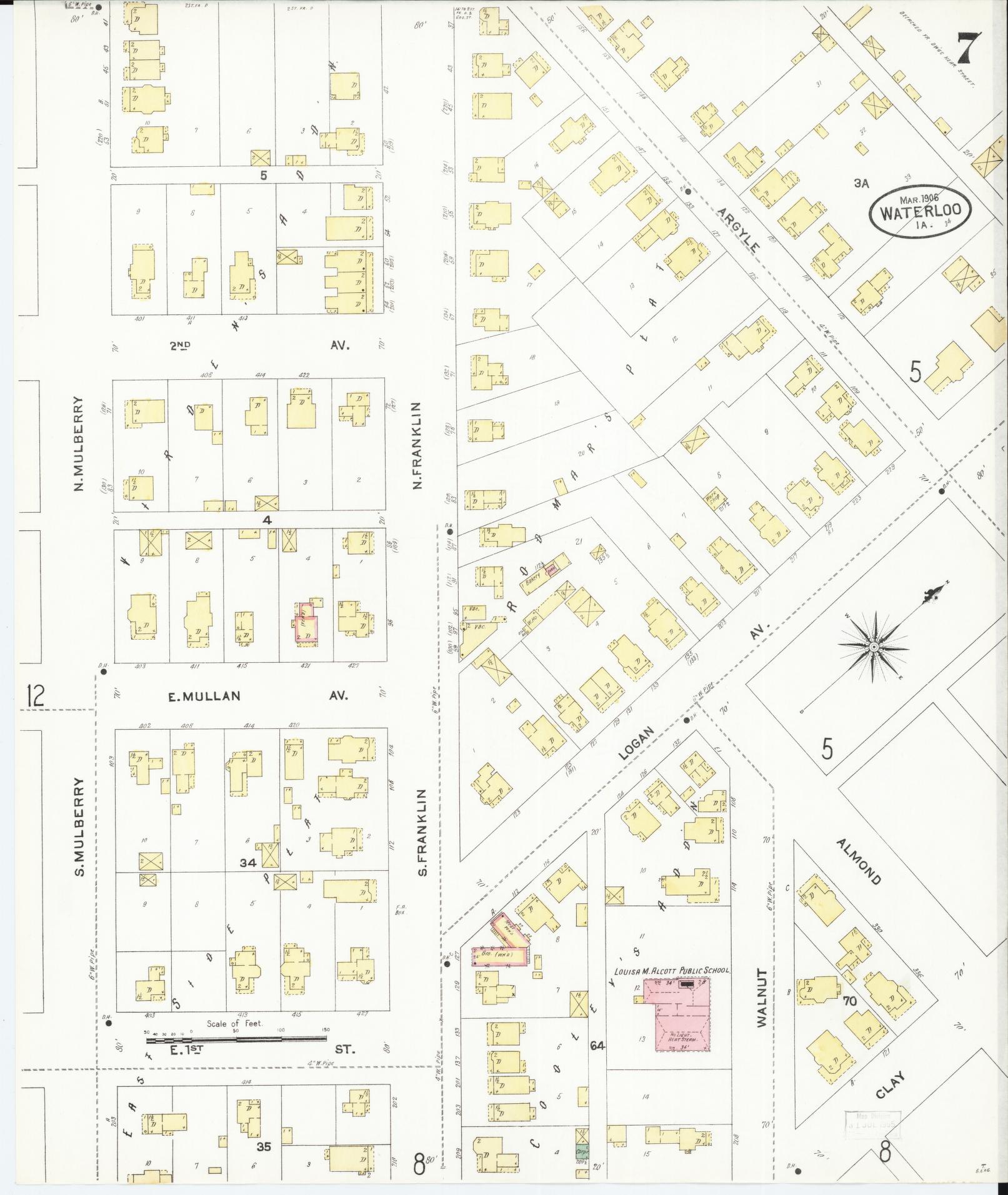 Sanborn Fire Insurance Map from Waterloo, Black Hawk County, Iowa (1906), Sheet #0007 - Historic Sanborn Fire Insurance Map Print, vintage old map wall art