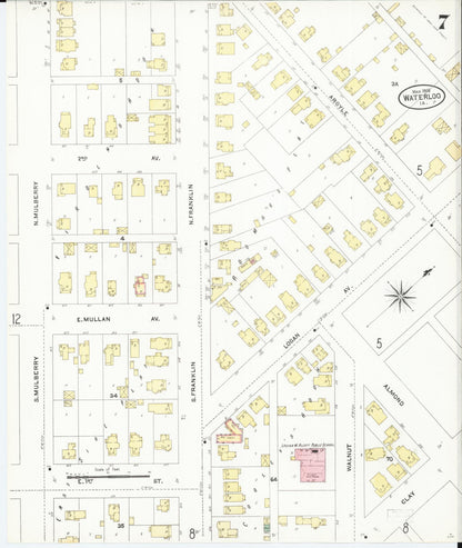 Sanborn Fire Insurance Map from Waterloo, Black Hawk County, Iowa (1906), Sheet #0007 - Historic Sanborn Fire Insurance Map Print, vintage old map wall art