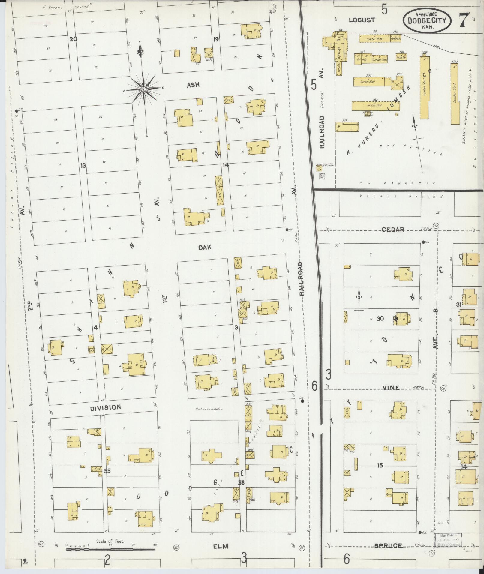 Sanborn Fire Insurance Map from Dodge City, Ford County, Kansas (1905), Sheet #0007 - Historic Sanborn Fire Insurance Map Print, vintage old map wall art, antique decor, genealogy gift, Kansas Kansas map