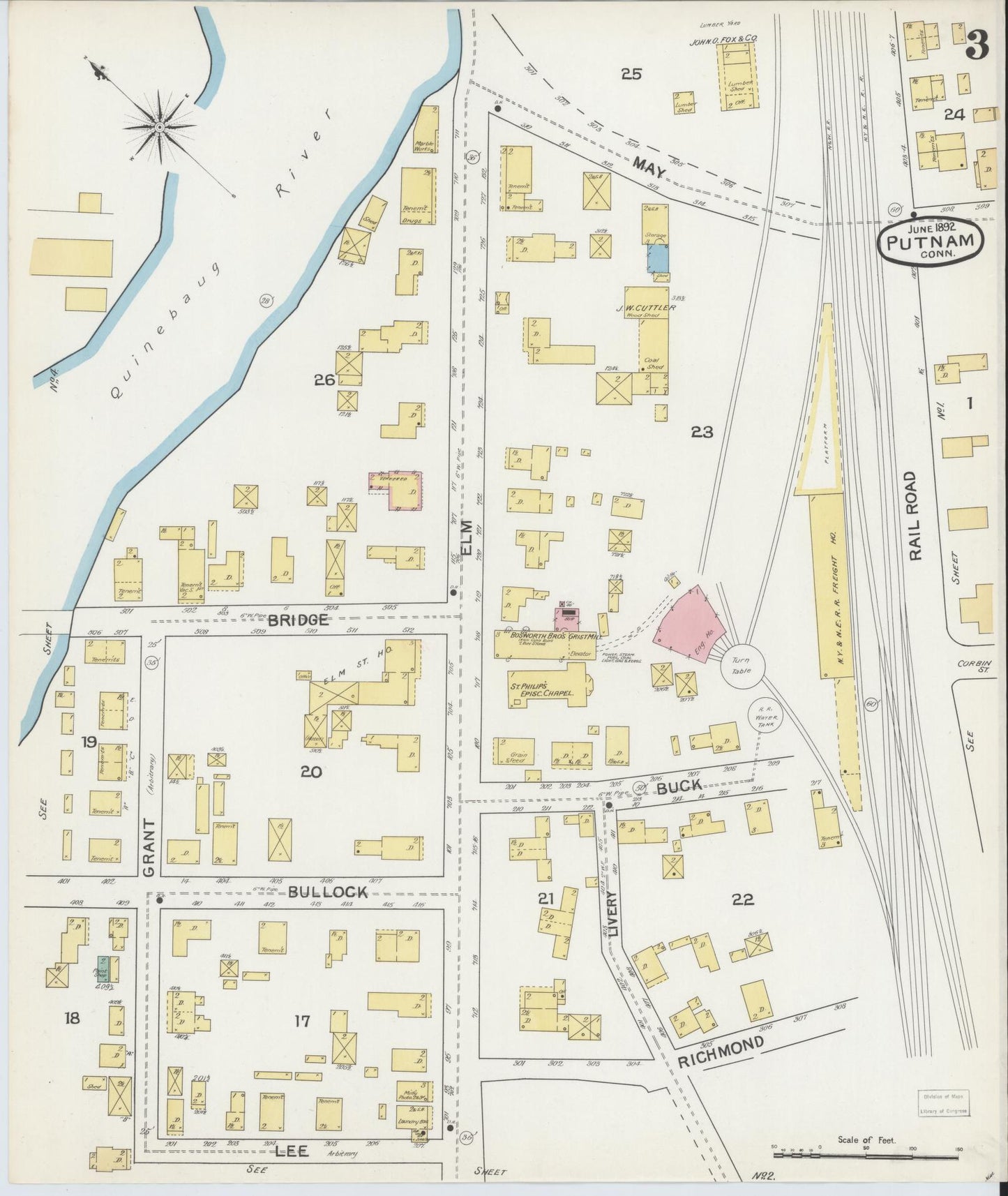 Sanborn Fire Insurance Map from Putnam, Windham County, Connecticut (1892), Sheet #0003 - Complete Map Set gallery image, historic Sanborn map, vintage wall art, Connecticut Connecticut