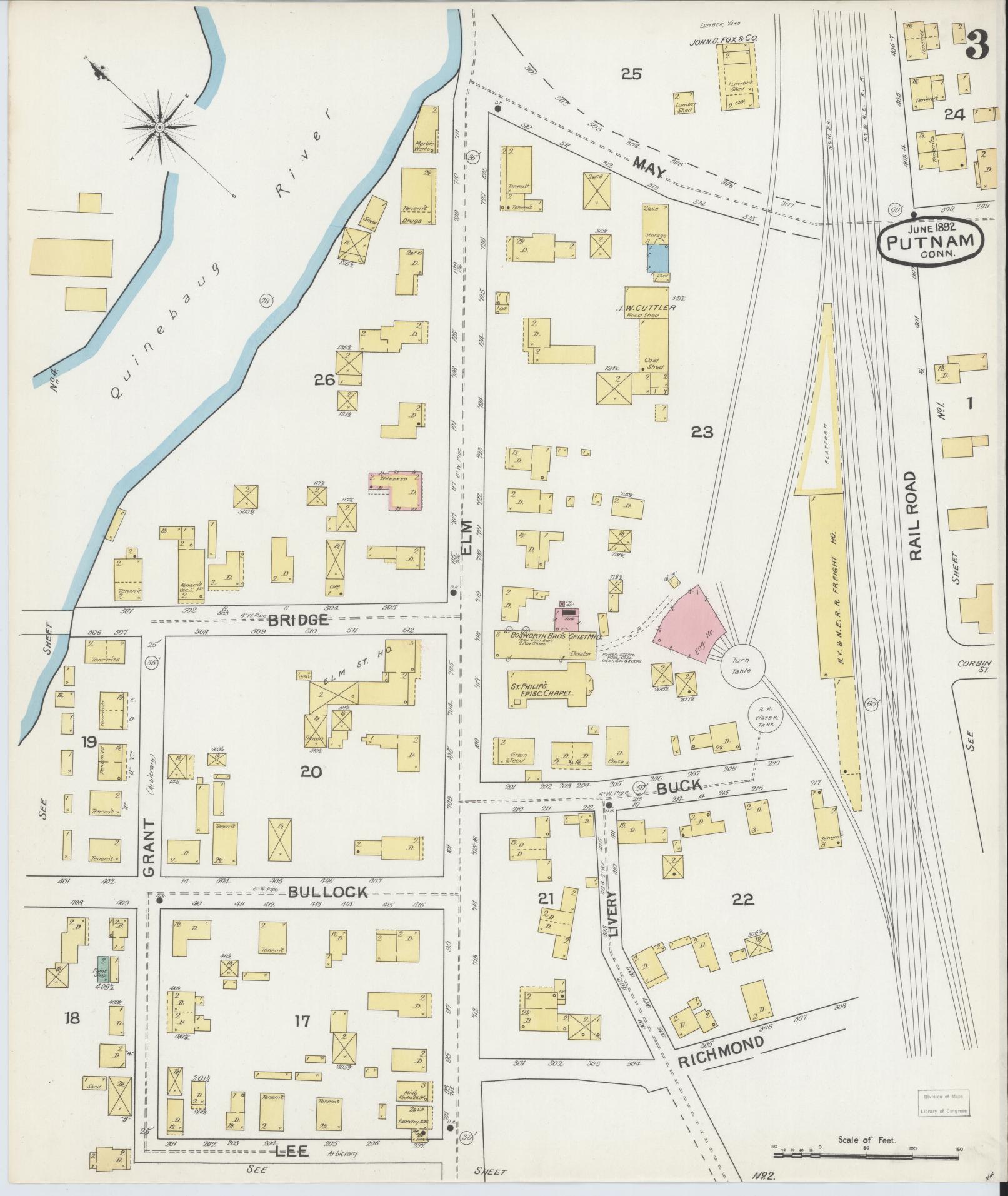 Sanborn Fire Insurance Map from Putnam, Windham County, Connecticut (1892), Sheet #0003 - Complete Map Set gallery image, historic Sanborn map, vintage wall art, Connecticut Connecticut