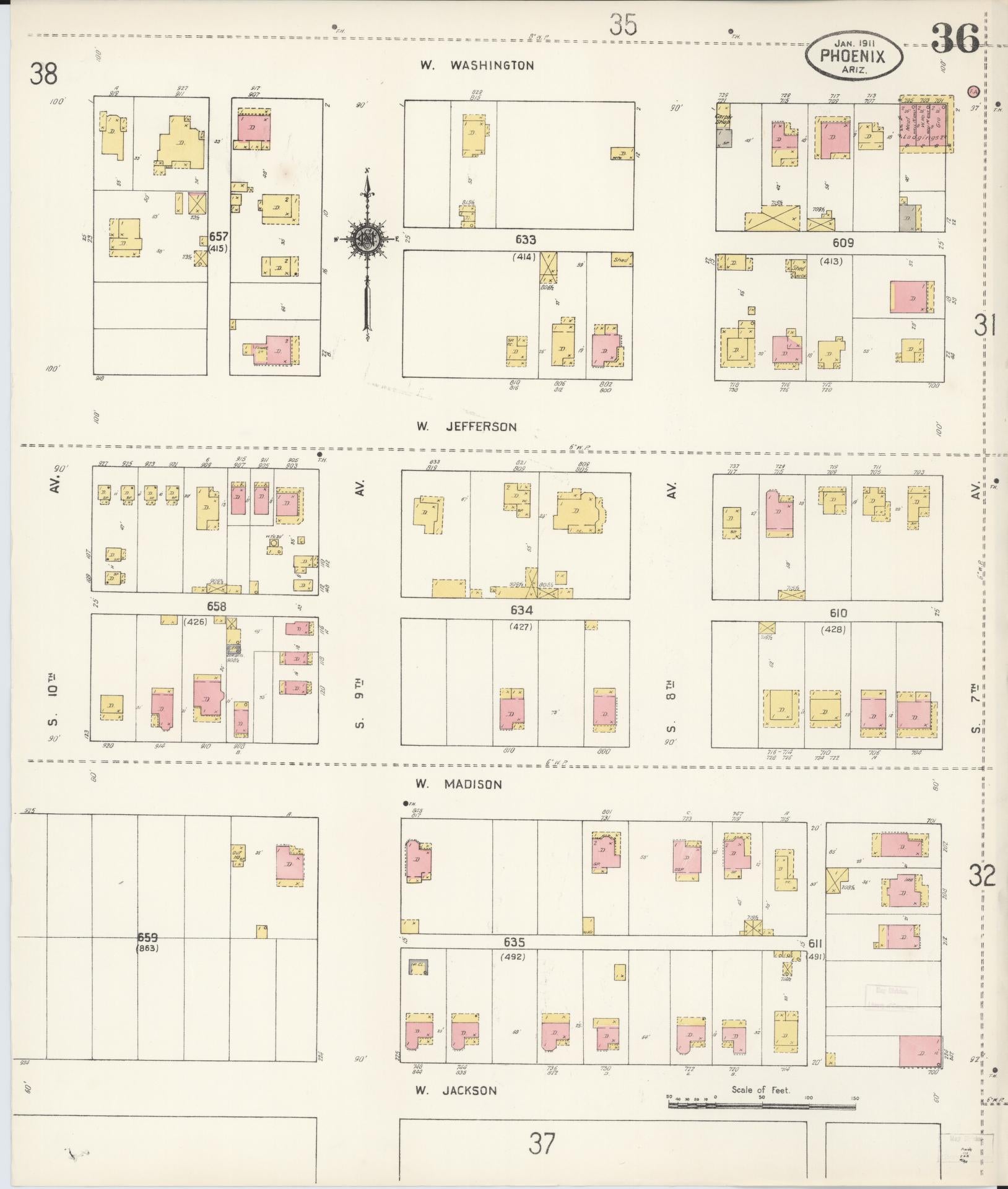 Sanborn Fire Insurance Map from Phoenix, Maricopa County, Arizona (1911), Sheet #0036 - Historic Sanborn Fire Insurance Map Print, vintage old map wall art, antique decor, genealogy gift, Arizona Arizona map