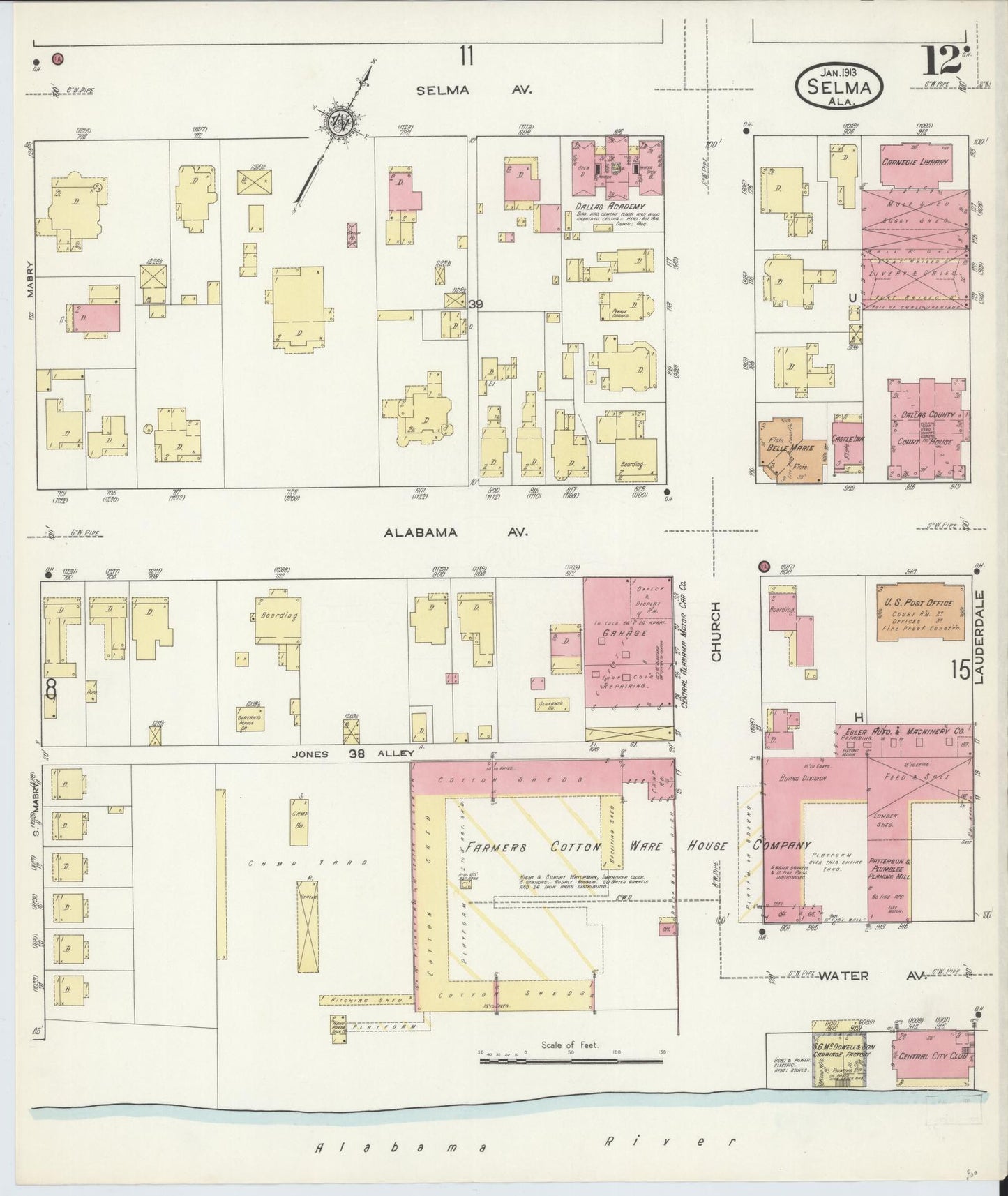 Sanborn Fire Insurance Map from Selma, Dallas County, Alabama (1913), Sheet #0012 - Complete Map Set gallery image, historic Sanborn map, vintage wall art, Alabama Alabama