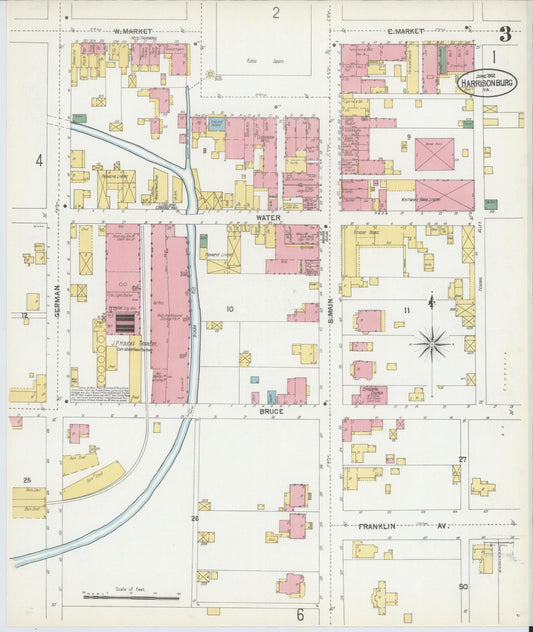 Sanborn Fire Insurance Map from Harrisonburg, Independent Cities, Virginia (1902), Sheet #0003 - Historic Sanborn Fire Insurance Map Print, vintage old map wall art, antique decor, genealogy gift, Virginia Virginia map