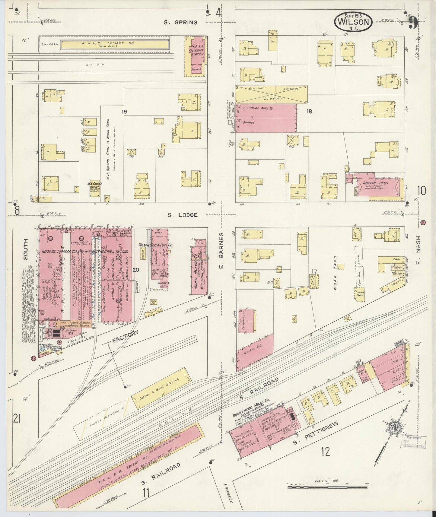 Sanborn Fire Insurance Map from Wilson, Wilson County, North Carolina (1913), Sheet #0009 - Historic Sanborn Fire Insurance Map Print, vintage old map wall art, antique decor, genealogy gift, North Carolina North Carolina map