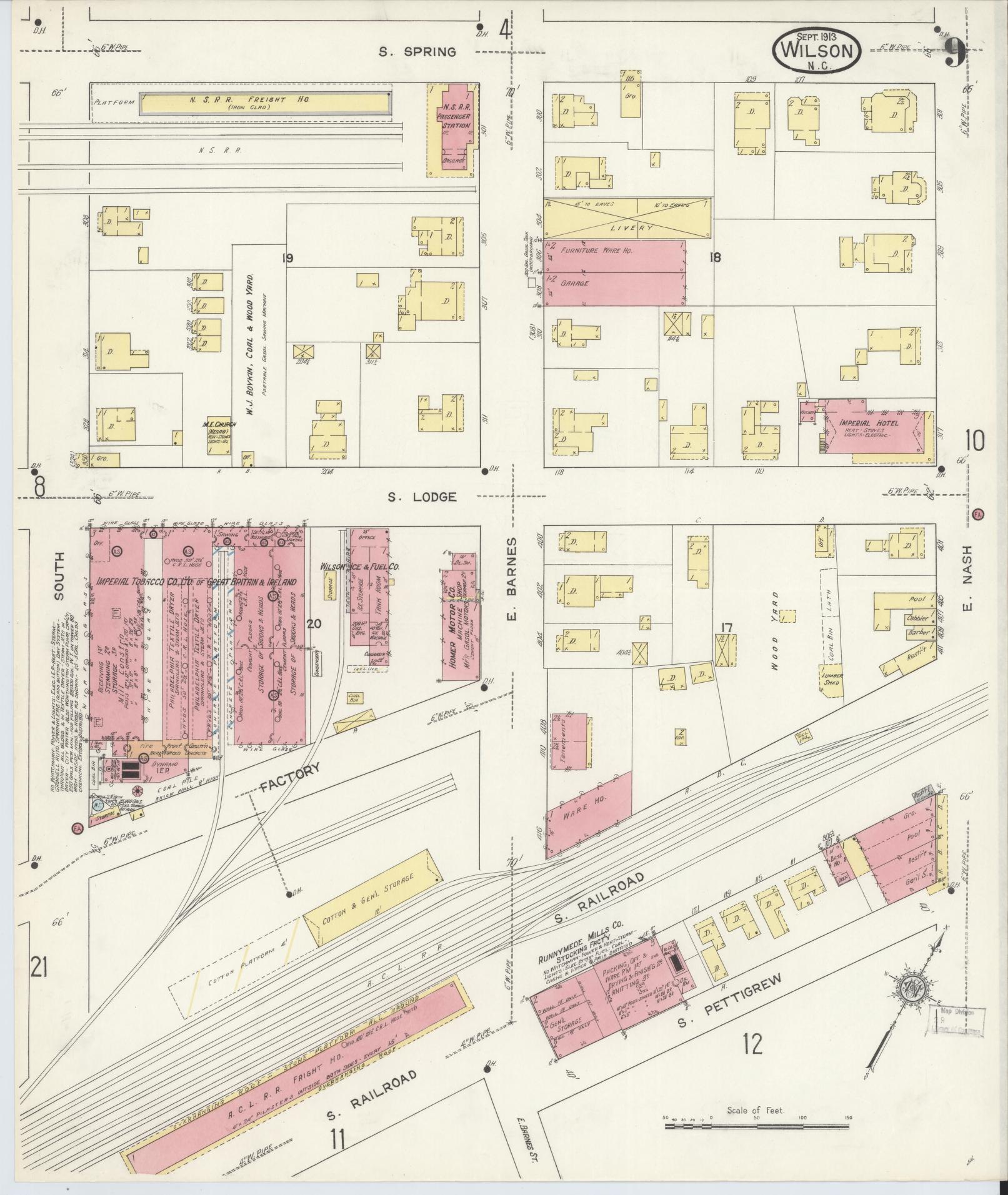 Sanborn Fire Insurance Map from Wilson, Wilson County, North Carolina (1913), Sheet #0009 - Historic Sanborn Fire Insurance Map Print, vintage old map wall art, antique decor, genealogy gift, North Carolina North Carolina map