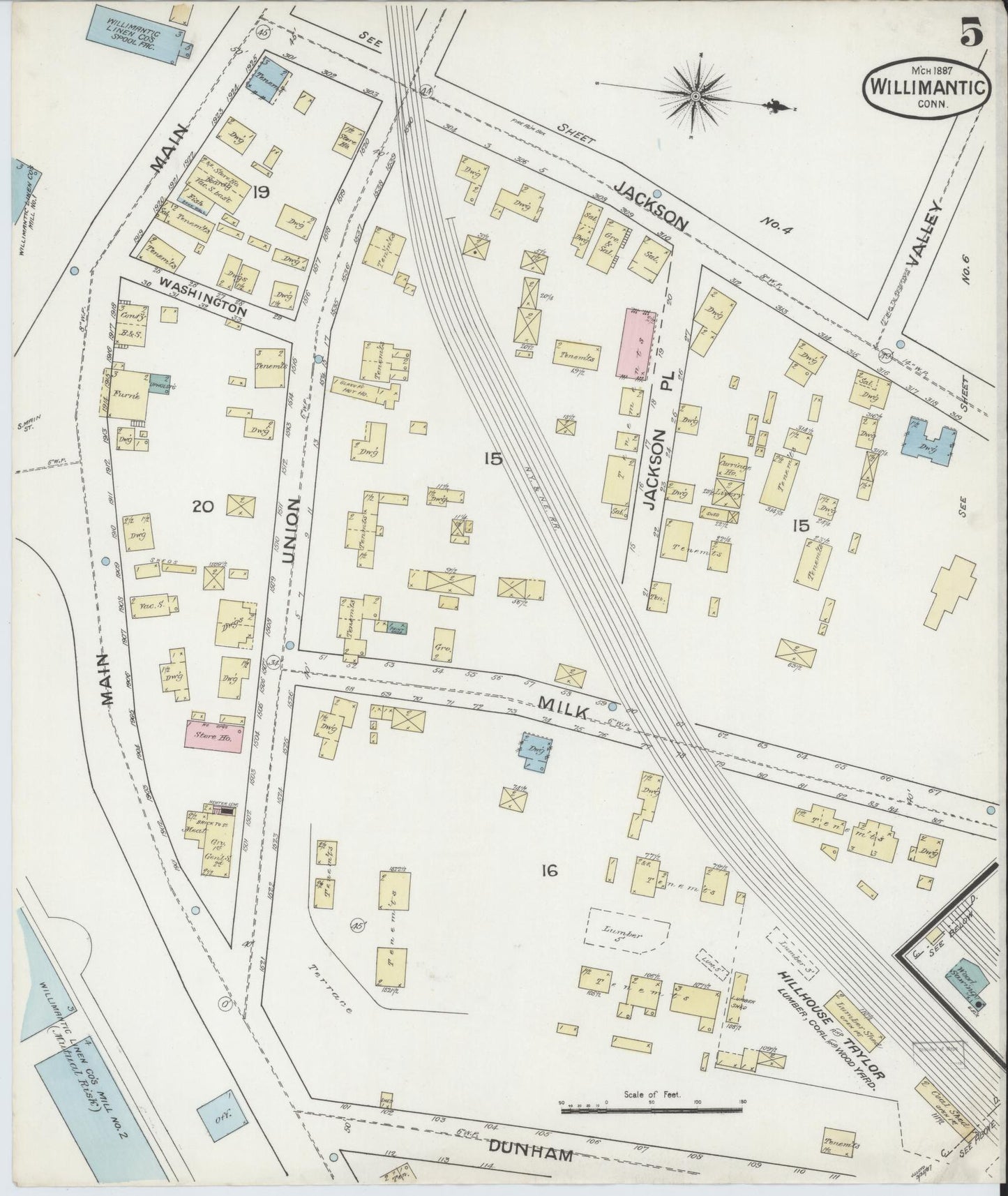 Sanborn Fire Insurance Map from Willimantic, Windham County, Connecticut (1887), Sheet #0005 - Historic Sanborn Fire Insurance Map Print, vintage old map wall art, antique decor, genealogy gift, Connecticut Connecticut map