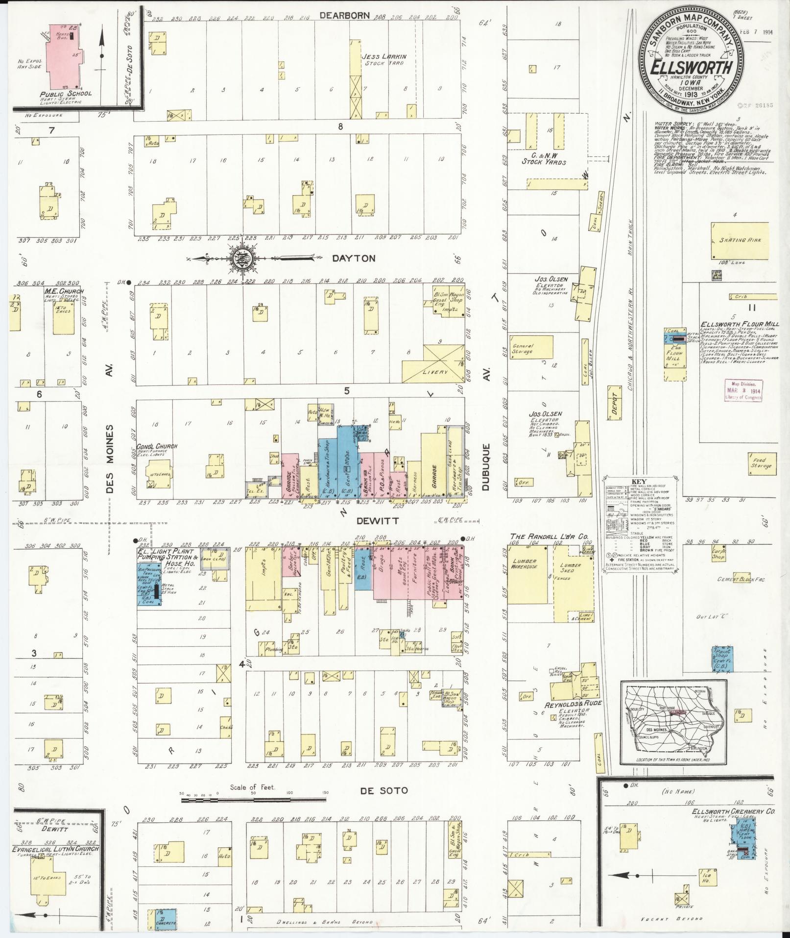 Sanborn Fire Insurance Map from Ellsworth, Hamilton County, Iowa (1913), Sheet #0001 - Historic Sanborn Fire Insurance Map Print, vintage old map wall art