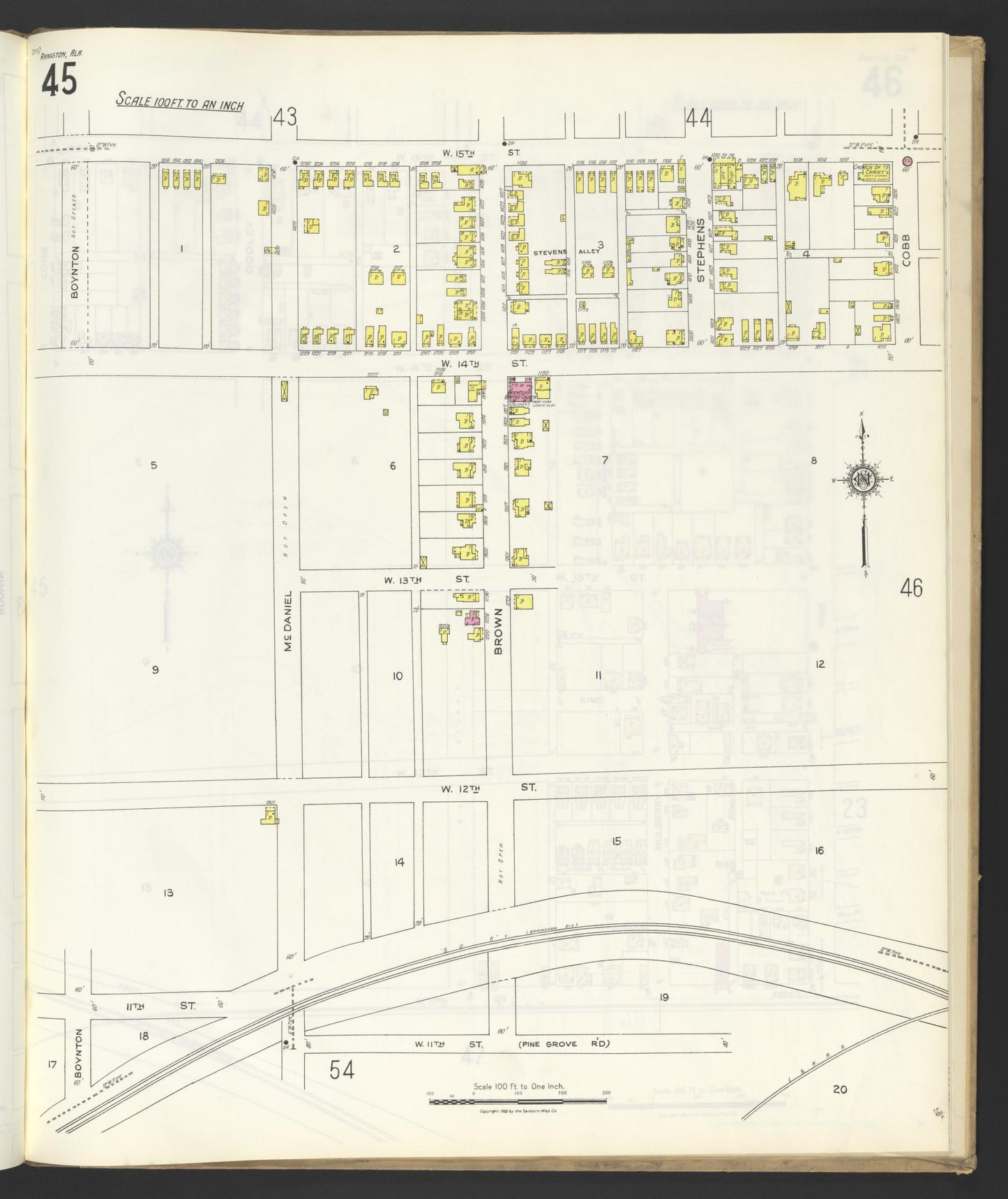 Sanborn Fire Insurance Map from Anniston, Calhoun County, Alabama (1925), Sheet #0045 - Historic Sanborn Fire Insurance Map Print, vintage old map wall art, antique decor, genealogy gift, Alabama Alabama map