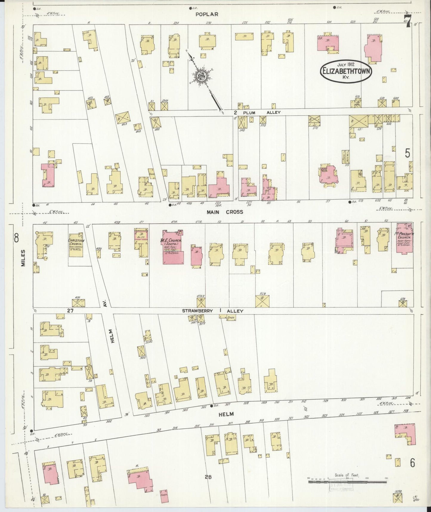 Sanborn Fire Insurance Map from Elizabethtown, Hardin County, Kentucky (1912), Sheet #0007 - Historic Sanborn Fire Insurance Map Print, vintage old map wall art, antique decor, genealogy gift, Kentucky Kentucky map