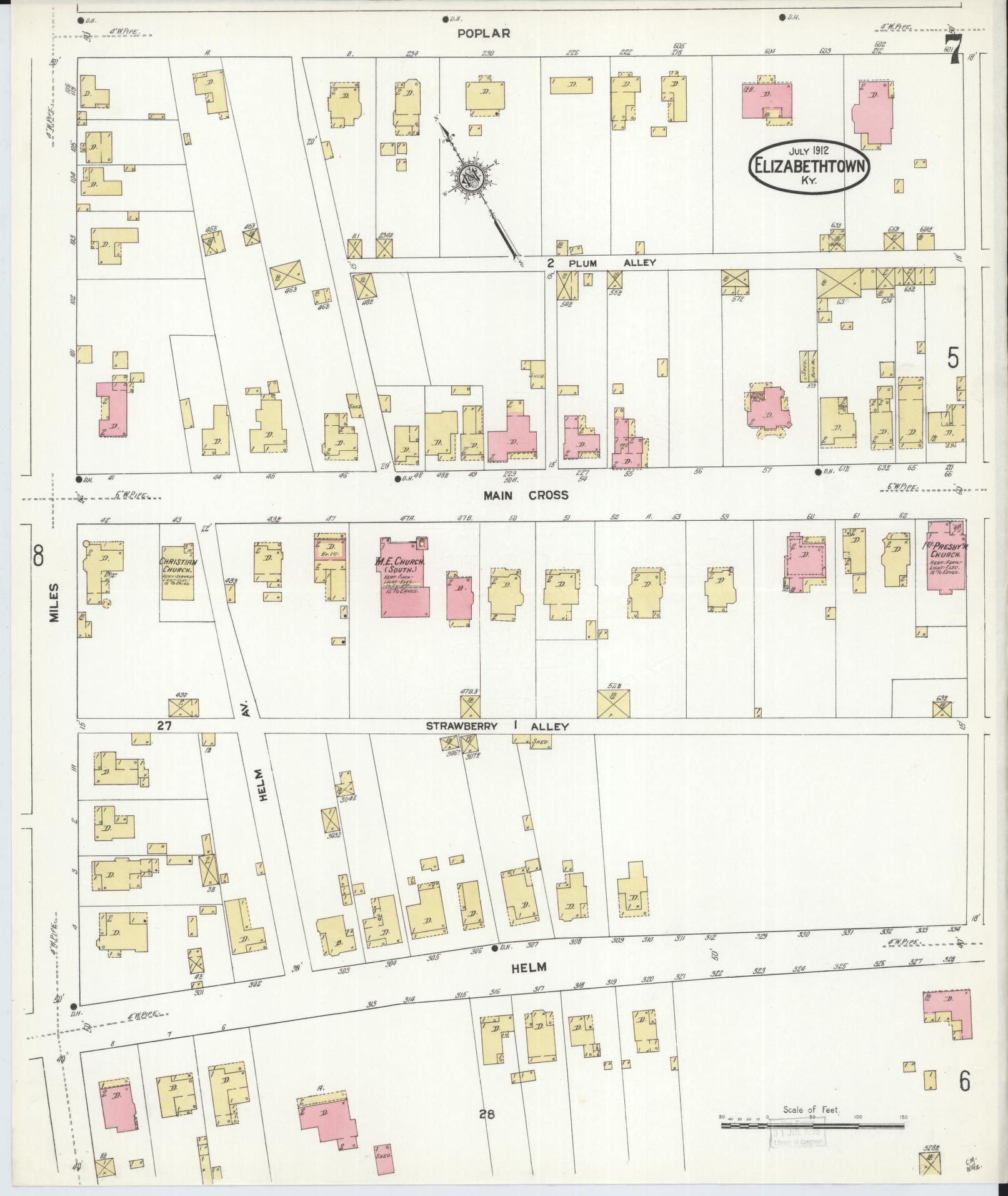 Sanborn Fire Insurance Map from Elizabethtown, Hardin County, Kentucky (1912), Sheet #0007 - Historic Sanborn Fire Insurance Map Print, vintage old map wall art, antique decor, genealogy gift, Kentucky Kentucky map