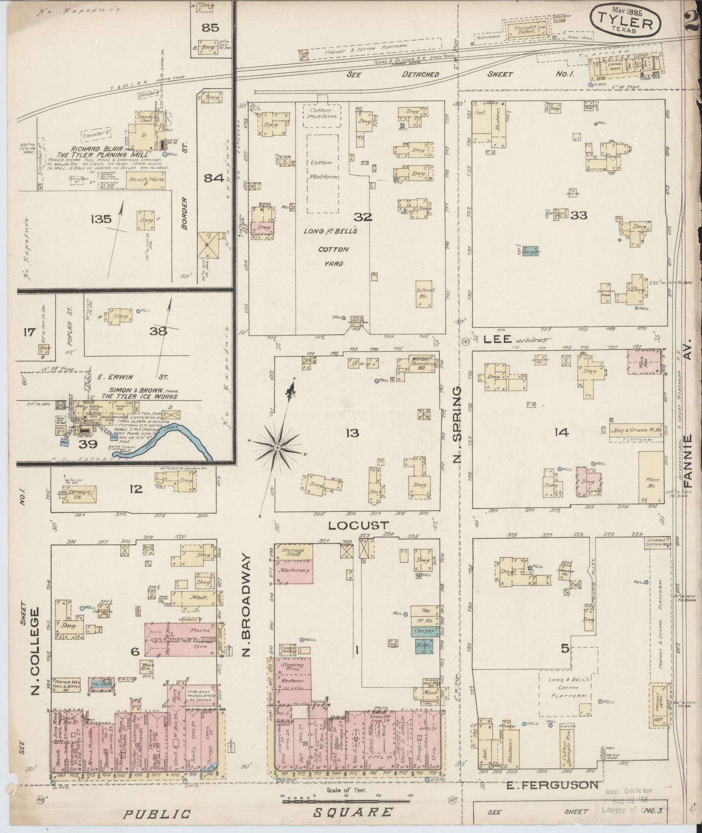 Sanborn Fire Insurance Map from Tyler, Smith County, Texas (1885), Sheet #0002 - Historic Sanborn Fire Insurance Map Print, vintage old map wall art, antique decor, genealogy gift, Texas Texas map