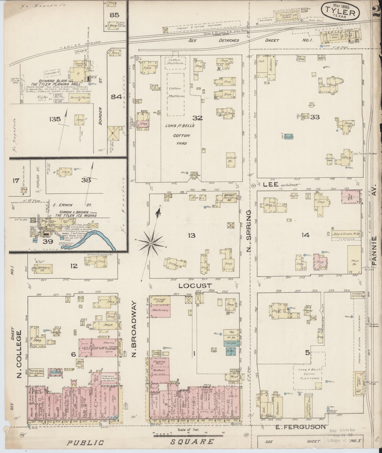 Sanborn Fire Insurance Map from Tyler, Smith County, Texas (1885), Sheet #0002 - Historic Sanborn Fire Insurance Map Print, vintage old map wall art, antique decor, genealogy gift, Texas Texas map