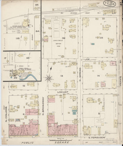 Sanborn Fire Insurance Map from Tyler, Smith County, Texas (1885), Sheet #0002 - Historic Sanborn Fire Insurance Map Print, vintage old map wall art, antique decor, genealogy gift, Texas Texas map