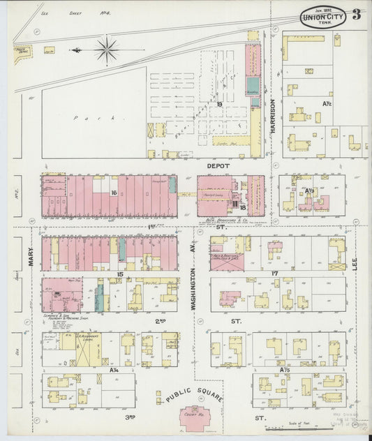 Sanborn Fire Insurance Map from Union City, Obion County, Tennessee (1892), Sheet #0003 - Historic Sanborn Fire Insurance Map Print, vintage old map wall art, antique decor, genealogy gift, Tennessee Tennessee map