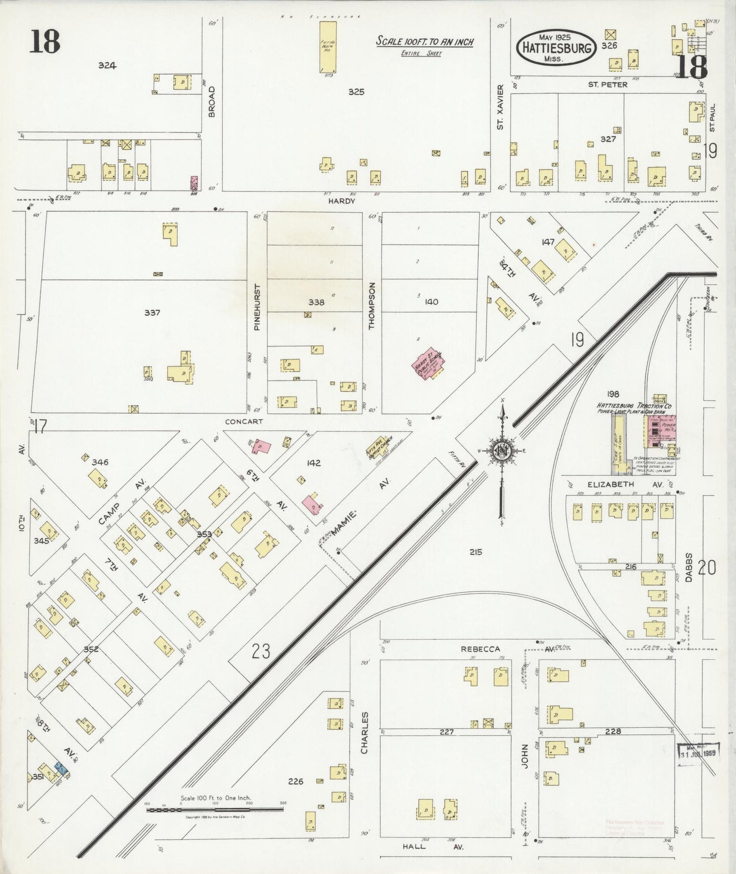 Sanborn Fire Insurance Map from Hattiesburg, Forrest County, Mississippi (1925), Sheet #0018 - Complete Map Set gallery image, historic Sanborn map, vintage wall art, Mississippi Mississippi