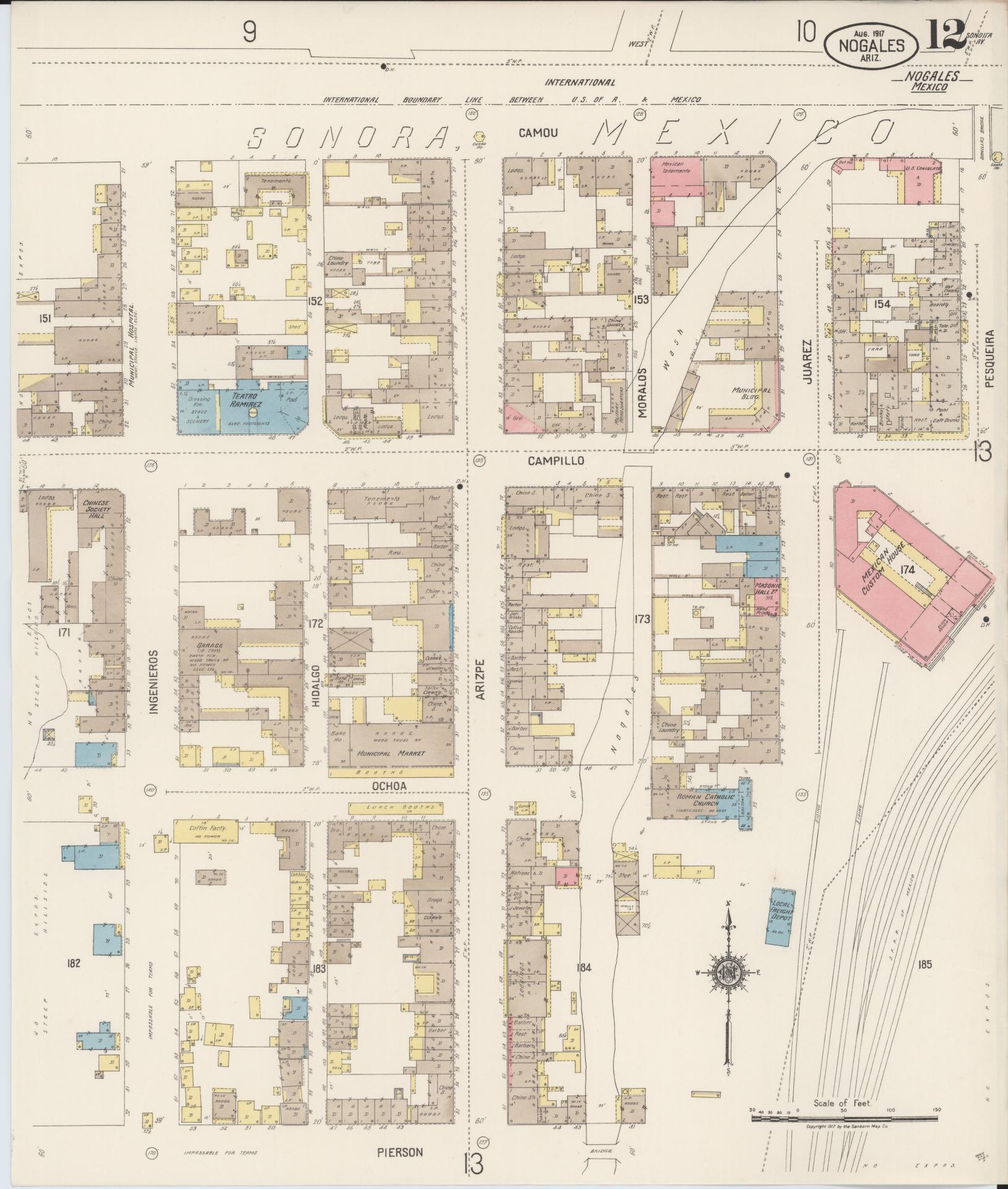 Sanborn Fire Insurance Map from Nogales, Santa Cruz County, Arizona (1917), Sheet #0012 - Complete Map Set gallery image, historic Sanborn map, vintage wall art, Arizona Arizona