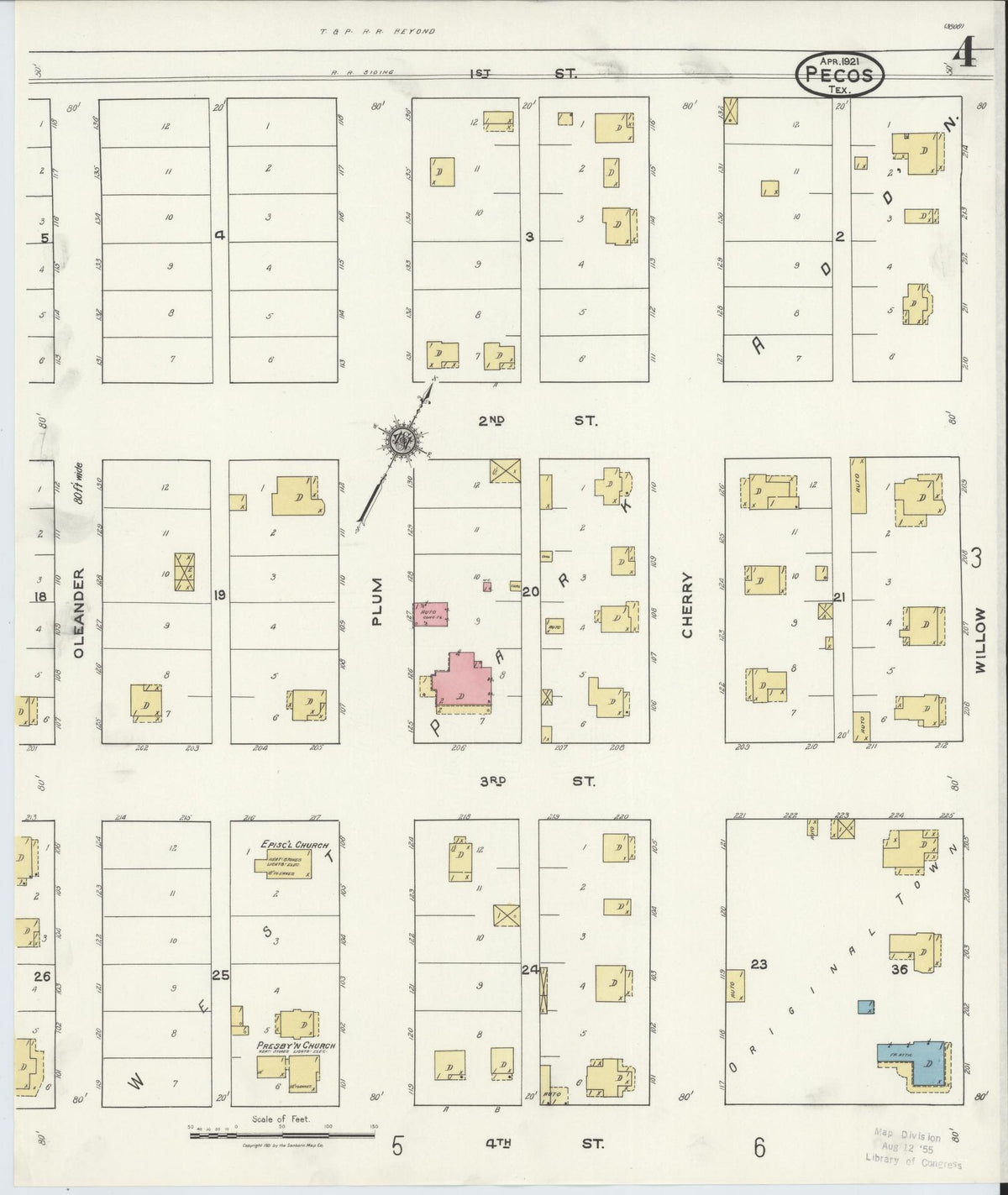 Sanborn Fire Insurance Map from Pecos, Reeves County, Texas (1921), Sheet #0004 - Historic Sanborn Fire Insurance Map Print, vintage old map wall art, antique decor, genealogy gift, Texas Texas map