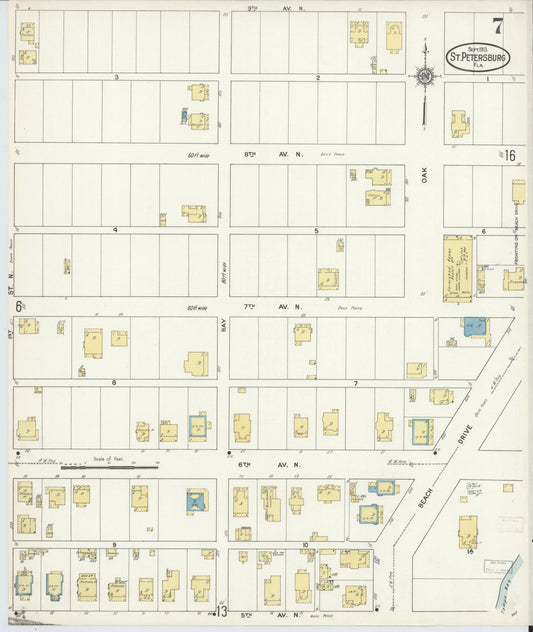 Sanborn Fire Insurance Map from Saint Petersburg, Pinellas County, Florida (1913), Sheet #0007 - Historic Sanborn Fire Insurance Map Print, vintage old map wall art, antique decor, genealogy gift, Florida Florida map