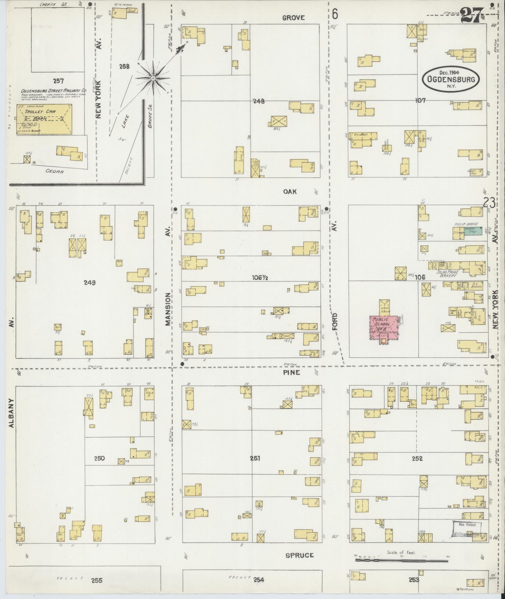 Sanborn Fire Insurance Map from Ogdensburg, St. Lawrence County, New York (1904), Sheet #0027 - Historic Sanborn Fire Insurance Map Print, vintage old map wall art, antique decor, genealogy gift, New York New York map