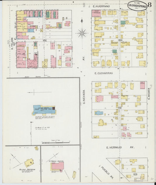 Sanborn Fire Insurance Map from Colorado Springs, El Paso County, Colorado (1892), Sheet #0008 - Historic Sanborn Fire Insurance Map Print, vintage old map wall art, antique decor, genealogy gift, Colorado Colorado map