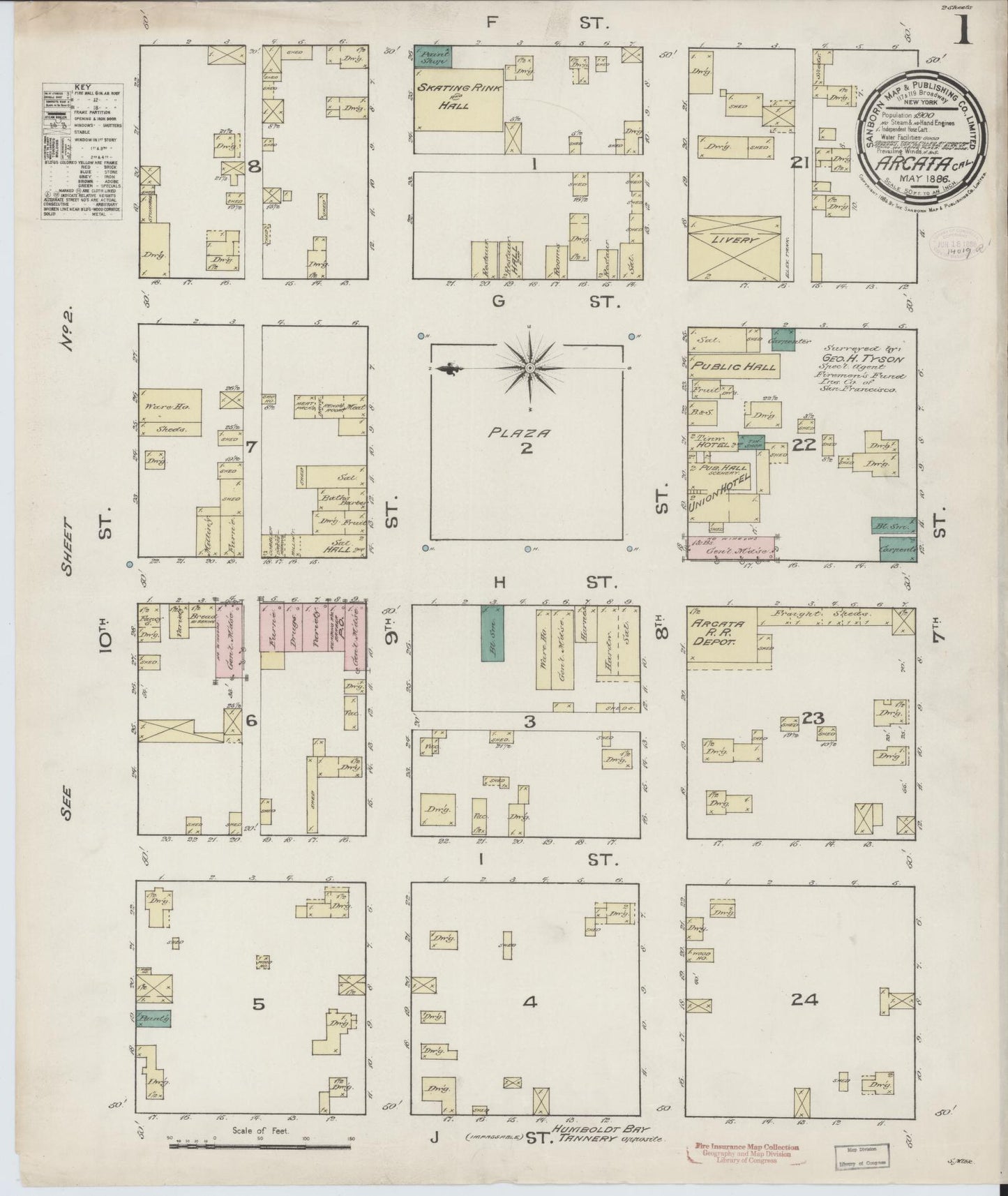 Sanborn Fire Insurance Map from Arcata, Humboldt County, California (1886), Sheet #0001 - Historic Sanborn Fire Insurance Map Print, vintage old map wall art, antique decor, genealogy gift, California California map
