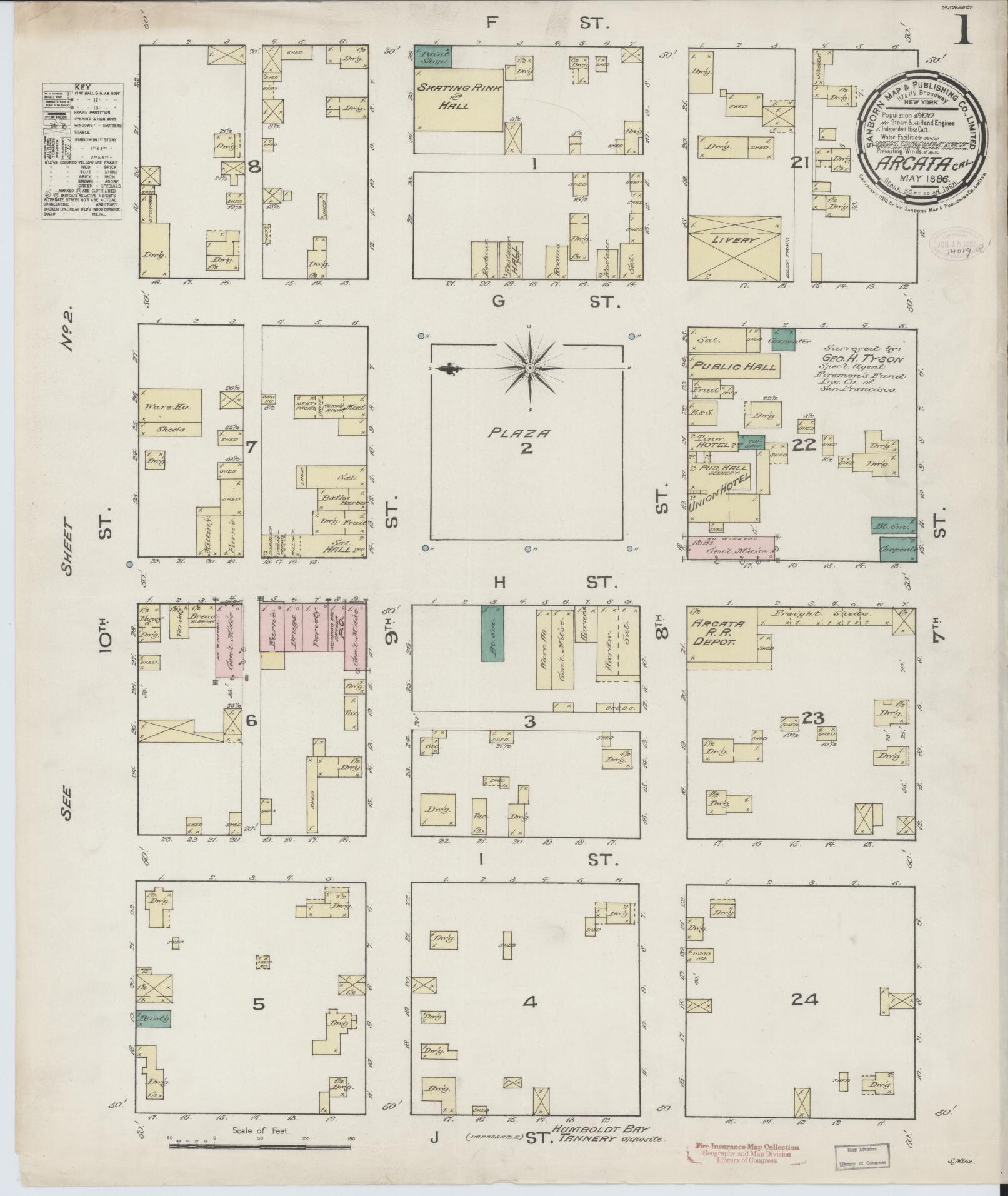 Sanborn Fire Insurance Map from Arcata, Humboldt County, California (1886), Sheet #0001 - Historic Sanborn Fire Insurance Map Print, vintage old map wall art, antique decor, genealogy gift, California California map