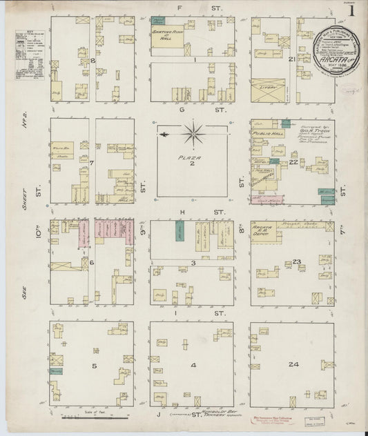Sanborn Fire Insurance Map from Arcata, Humboldt County, California (1886), Sheet #0001 - Historic Sanborn Fire Insurance Map Print, vintage old map wall art, antique decor, genealogy gift, California California map