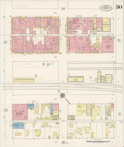 Sanborn Fire Insurance Map from Modesto, Stanislaus County, California (1919), Sheet #0030 - Complete Map Set gallery image, historic Sanborn map, vintage wall art, California California