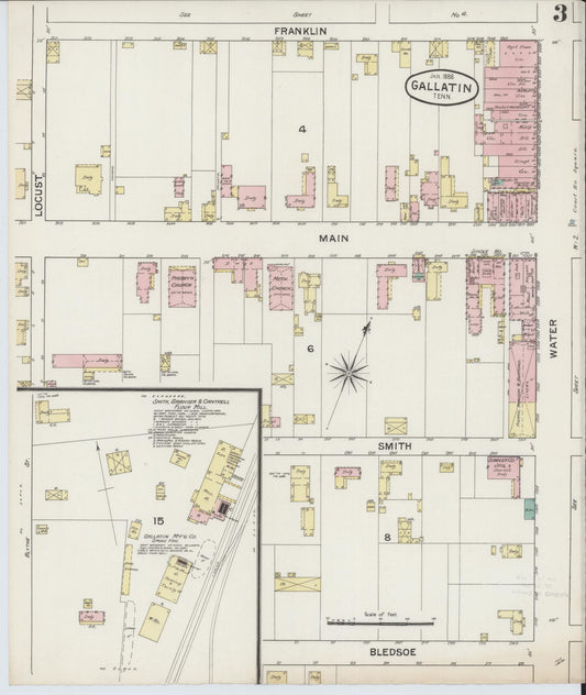Sanborn Fire Insurance Map from Gallatin, Sumner County, Tennessee (1888), Sheet #0003 - Historic Sanborn Fire Insurance Map Print, vintage old map wall art, antique decor, genealogy gift, Tennessee Tennessee map