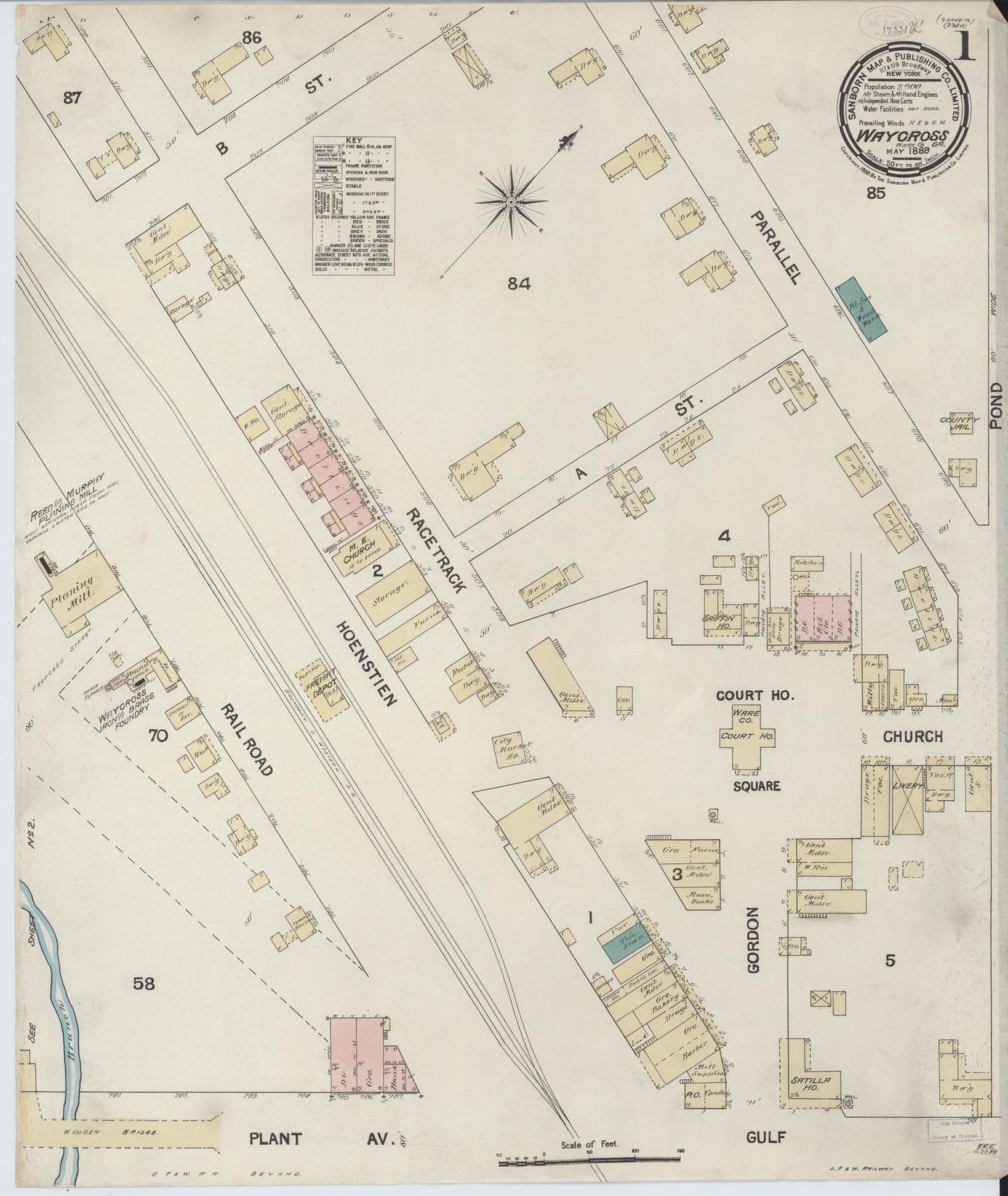 Sanborn Fire Insurance Map from Waycross, Ware County, Georgia (1889), Sheet #0001 - Complete Map Set gallery image, historic Sanborn map, vintage wall art, Georgia Georgia