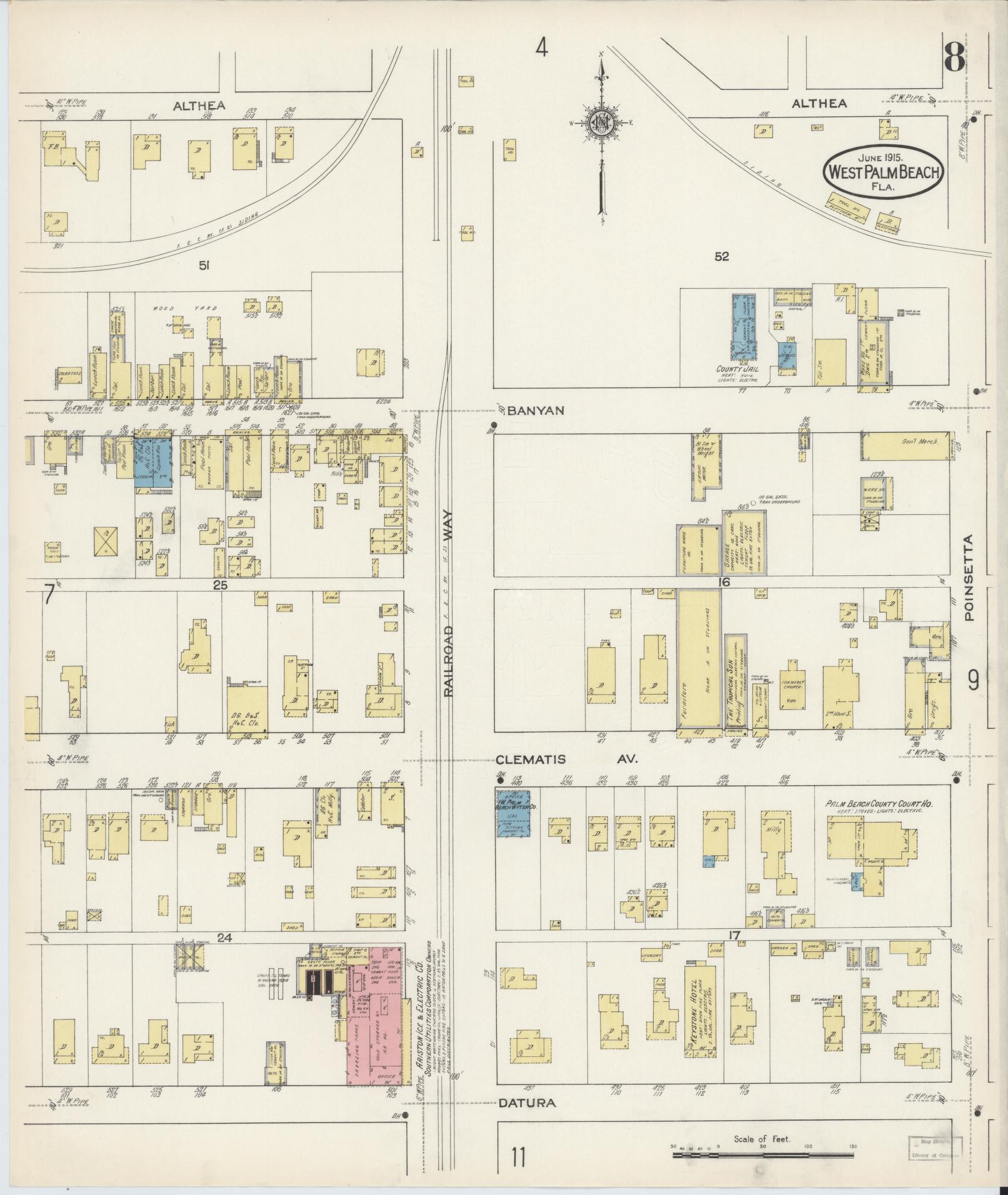 Sanborn Fire Insurance Map from West Palm Beach, Dade County, Florida (1915), Sheet #0008 - Historic Sanborn Fire Insurance Map Print, vintage old map wall art, antique decor, genealogy gift, Florida Florida map