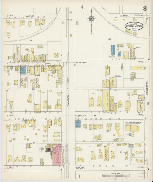 Sanborn Fire Insurance Map from West Palm Beach, Dade County, Florida (1915), Sheet #0008 - Historic Sanborn Fire Insurance Map Print, vintage old map wall art, antique decor, genealogy gift, Florida Florida map