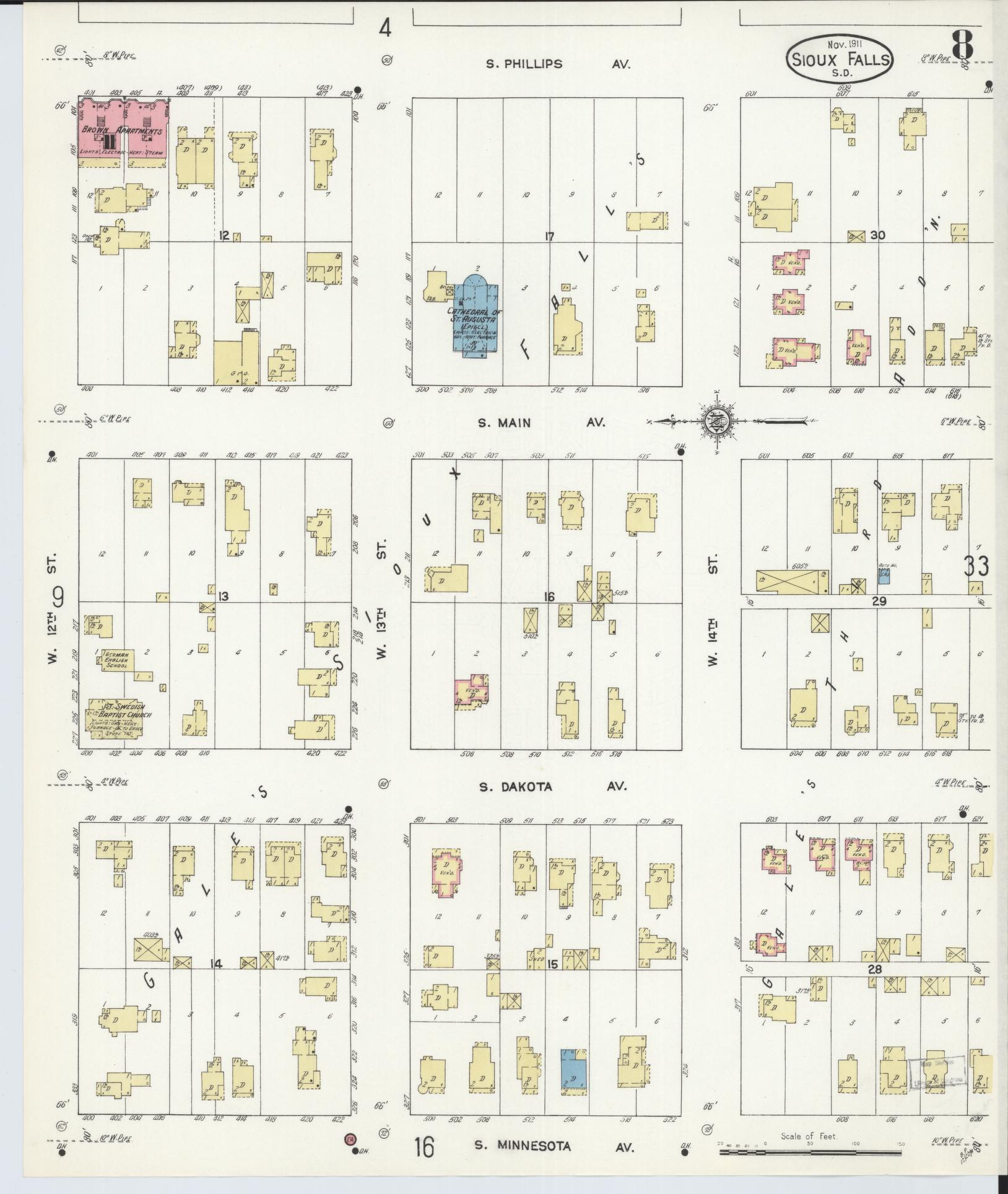 Sanborn Fire Insurance Map from Sioux Falls, Minnehaha County, South Dakota (1911), Sheet #0008 - Historic Sanborn Fire Insurance Map Print, vintage old map wall art, antique decor, genealogy gift, South Dakota South Dakota map